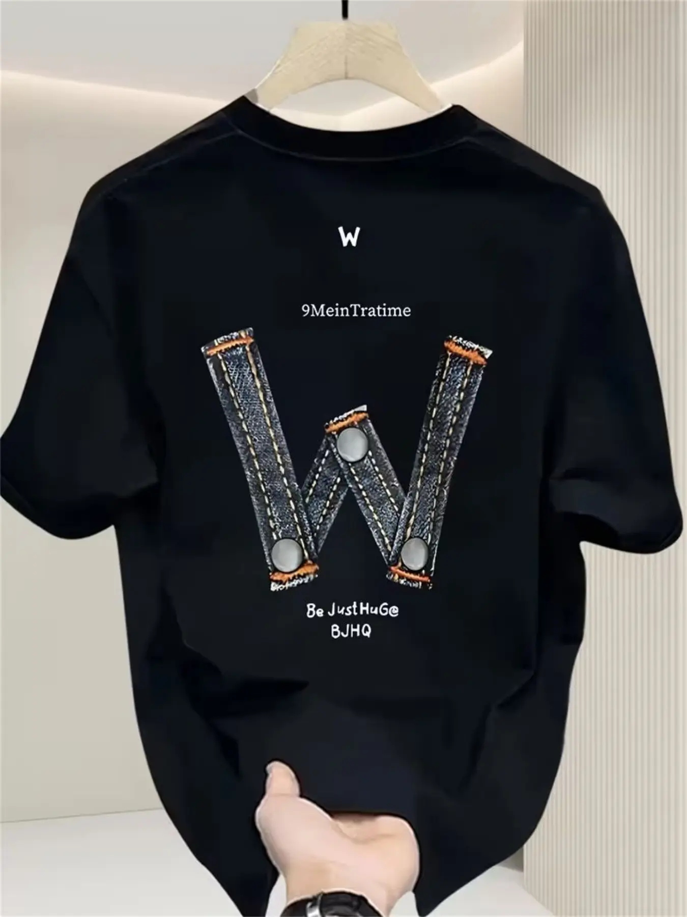 Workwear Style Denim Texture Letter W Top, Handwritten English Combination, Lightweight Luxury Casual Wear, Printed Design