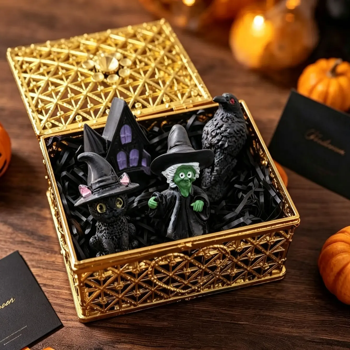 5PCS Halloween Miniature Resin Ornament Set, including Witch Black Cat, Purple Window Haunted House, Green-Skinned Witch, Red-Eyed Crow - Multiple Miniature Scenery Decorations, Desktop Window Display, Halloween Party Decorations, Great Gift for Festivals