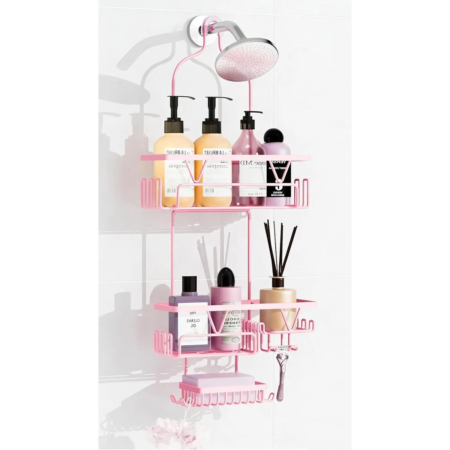 Hanging Shower Caddy Over Shower Head, Anti-Swing Shower Organizer For Inside Shower With 2 Soap Holders, Multi Hooks, Rustproof Bathroom Accessories, Pink