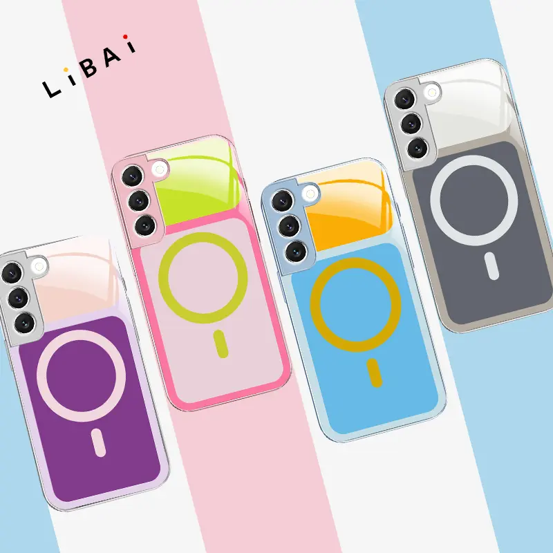 Fits【Galaxy S22 5g】Viral Dopamine Color Block MagSafe Magnetic Glass Phone Case, Two-Tone Bright Pastel Electroplated Glossy Shockproof Minimalist Aesthetic Cover---9435