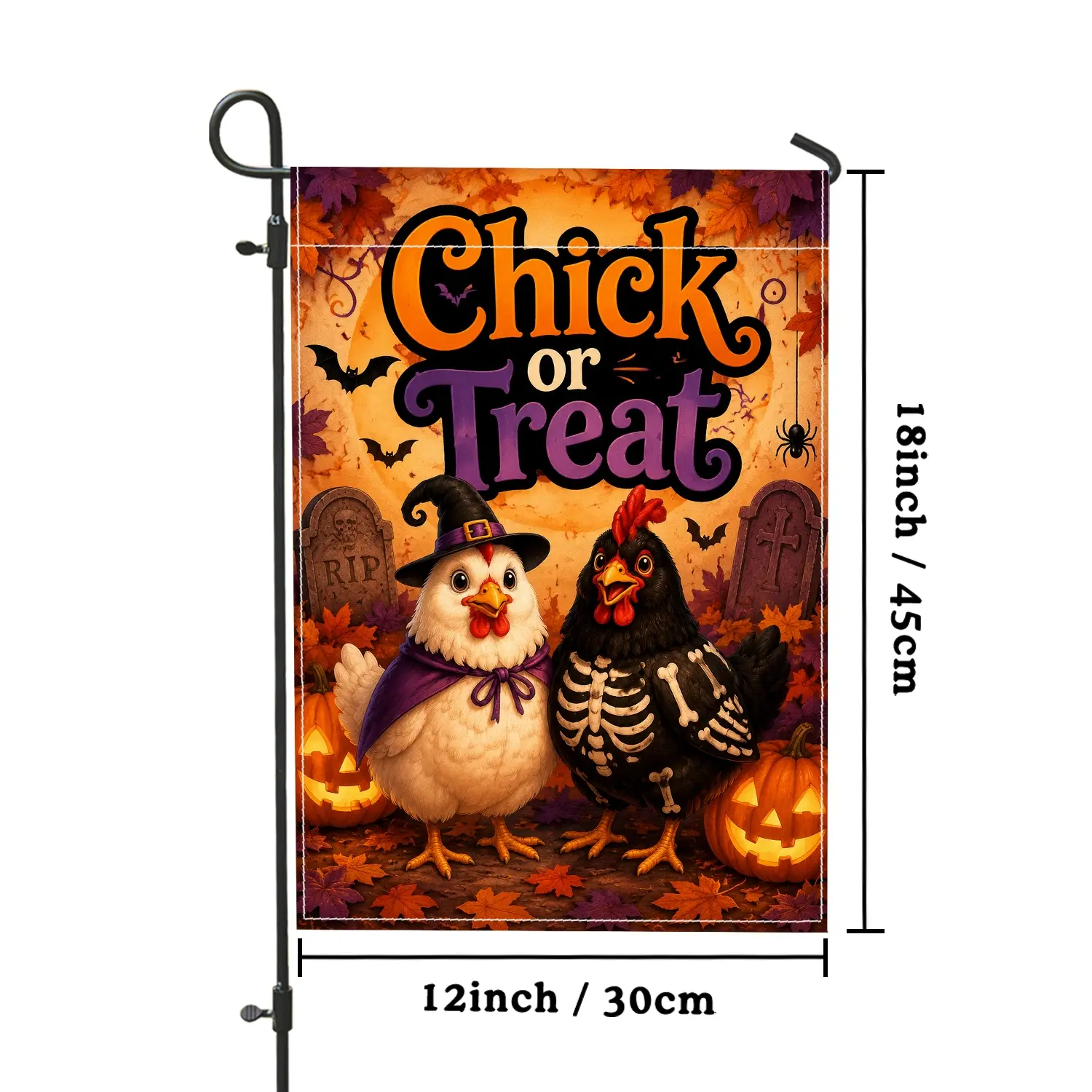 1pc Chick or Treat Garden Flag, Whimsical Halloween Style, Cute Chicken in Witch Hat and Skeleton Chicken with Pumpkins and Gravestones, for Outdoor Yard Patio and Halloween Decor