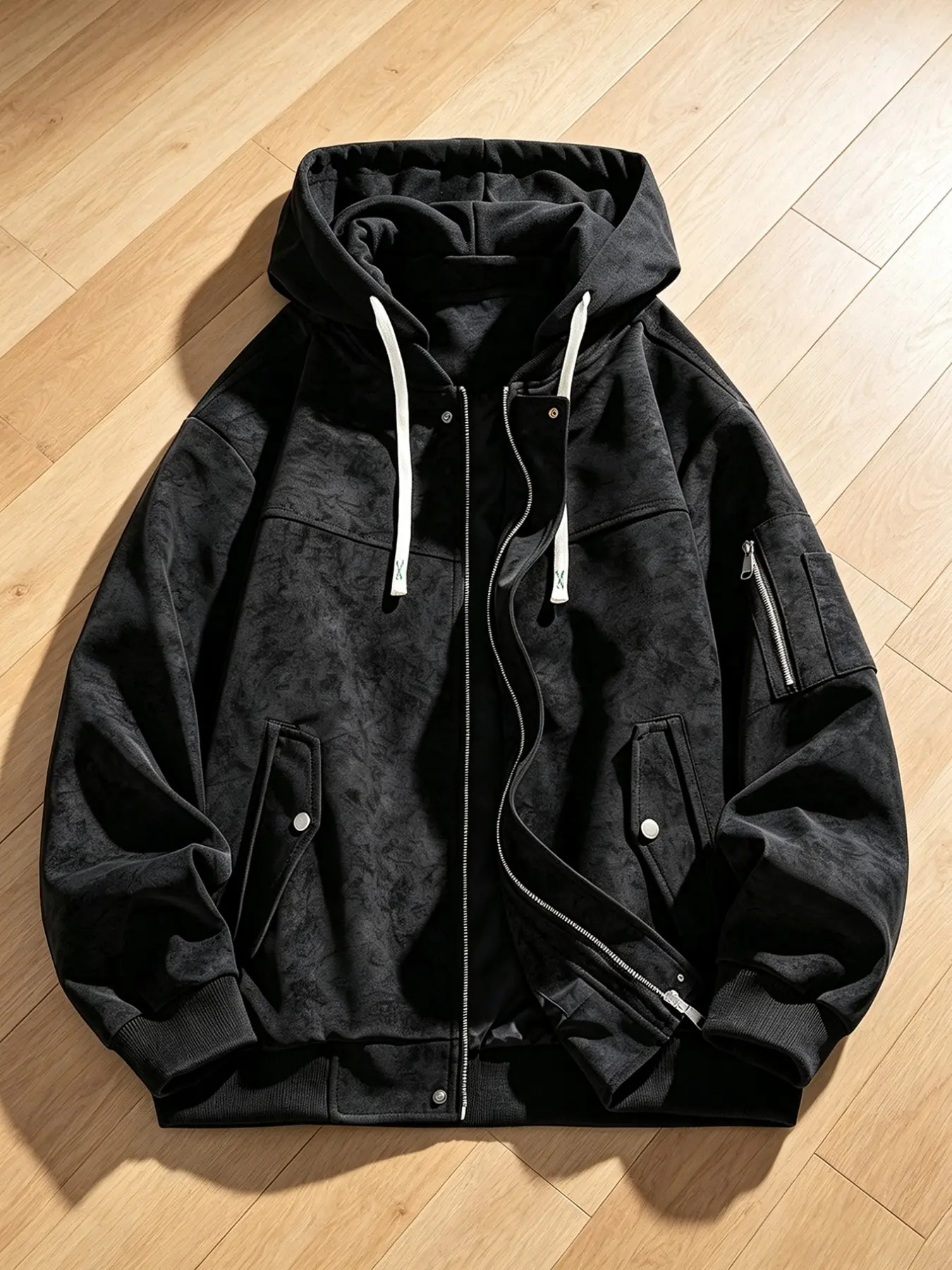 American Vintage Leather Jacket for Men, Hooded Loose Fit Fashion Zipper Workwear Outerwear, Street Style Baseball Coat