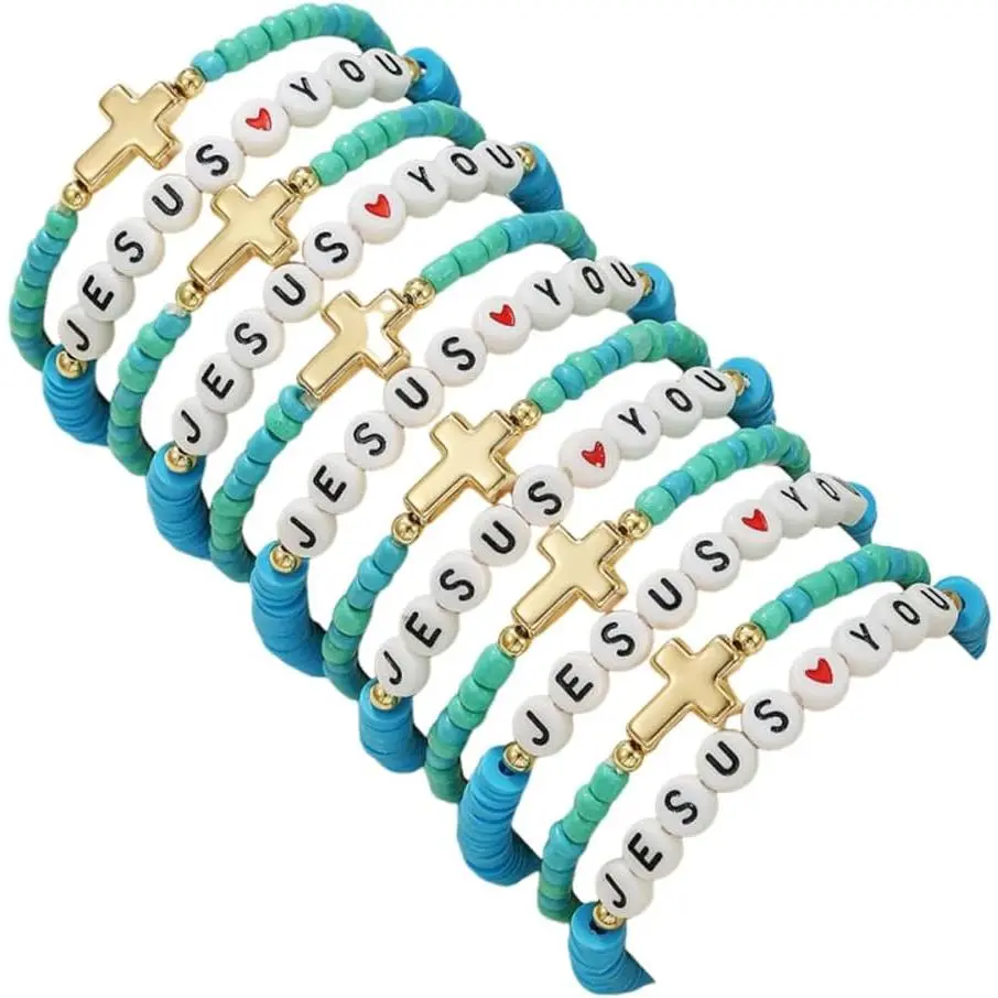 Loves You Beaded Bracelets for Women 4 count/Set Colorful Clay Bead Stretch Bracelets, Religious Christian Faith  Gifts for Church Baptism Birthday