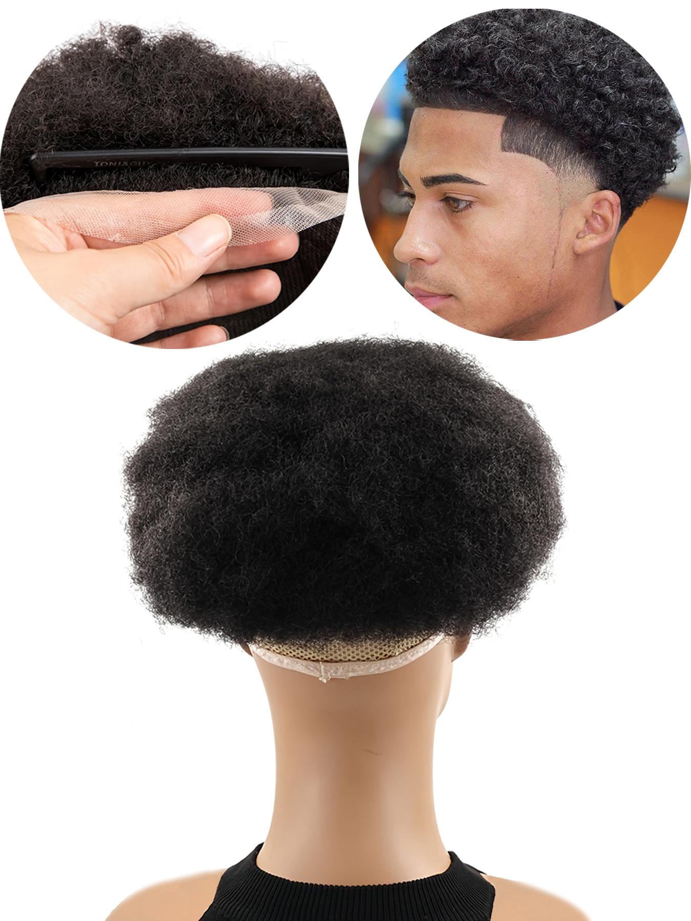 Men's Afro Curly Short Wigs 70s 80s Disco Rocker Style, 100% Human Hair, 6 Inch Black African Kinky Curly 8*10”Lace Base for Daily Wear, Party & Cosplay