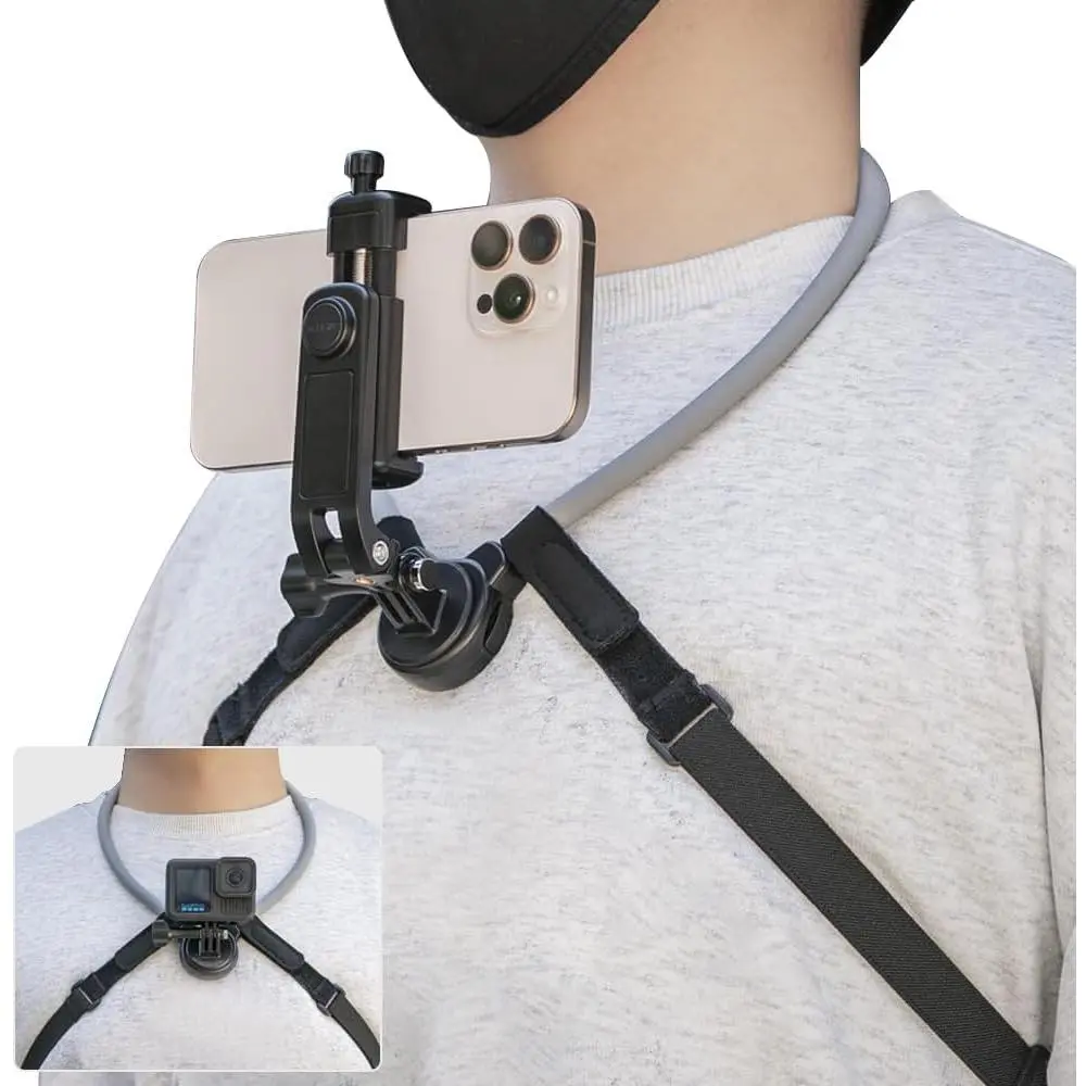 Mount for Phone & Action Camera,  Cell Phone Holder Mount with Strap POV/Vlog Selfie Hand Free Phones Holder Chest Stand Strap Video Recording for  17 16 15 14 and  Phones