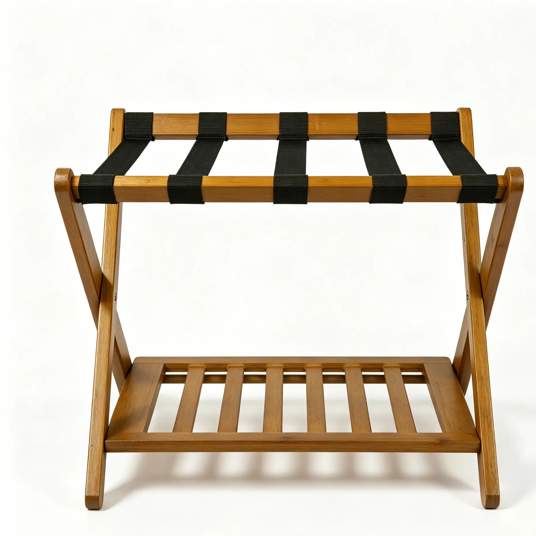 Sturdy Wood Folding Luggage Rack with Storage Shelf - Durable 2-Tier Suitcase Stand - Heavy Duty Nylon Straps - Holds Up to 150 lbs - Perfect for Bedrooms, Guest Rooms, Hotels