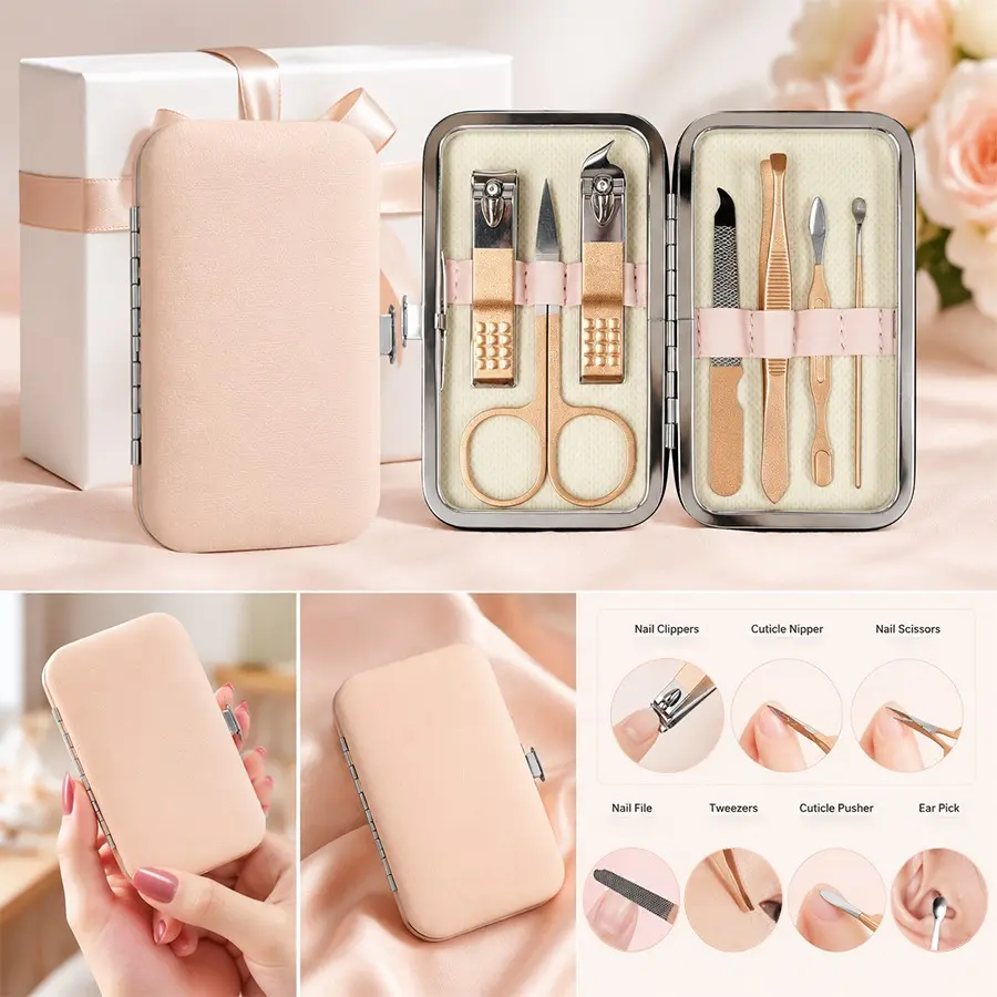 Cream Leather Manicure Storage Case, 7pcs Nail Grooming Tools, Portable Travel Kit, Universal Gift for All Ages