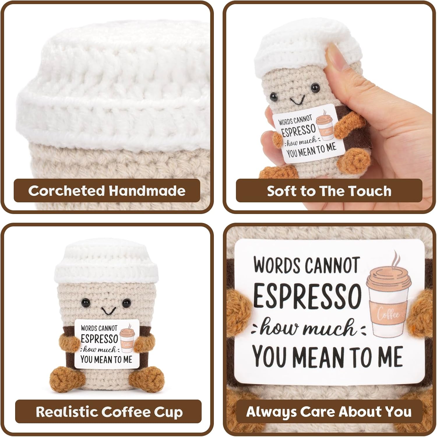 Funny Positive Coffee, Emotional Crochet Doll, Cute Crochet Potato Partner Toy with Positive Card Cheer Up Funny Gag Gifts for Best Friend Birthday Women Teacher Fall(Coffee