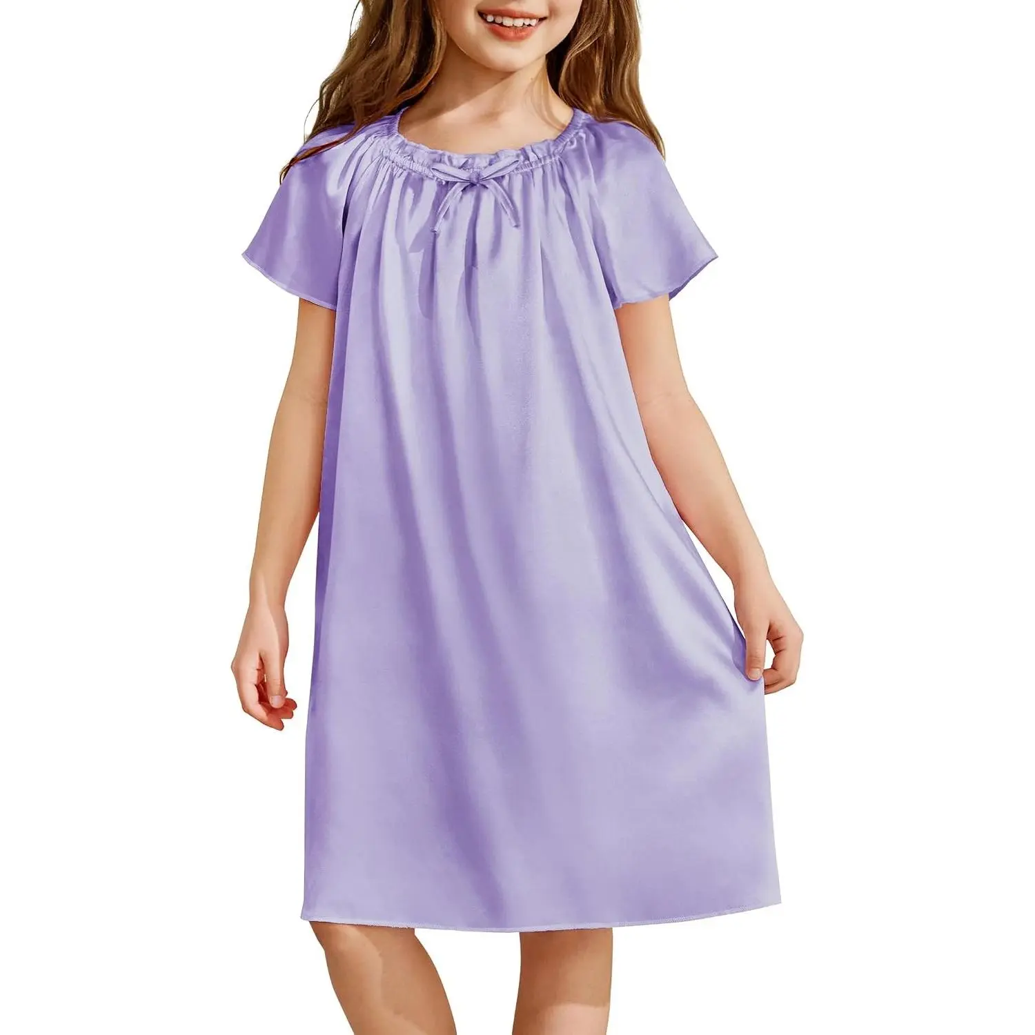 Girls Silk Satin Nightgown Short Sleeve Pajama Dress Soft Princess Sleepwear(Gift)