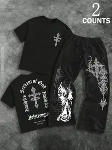 Men's Two-Piece Fashion Casual Set, Soft Comfort Angel & Cross Print Round Neck T-Shirt and Drawstring Wide Leg Pants, All Seasons