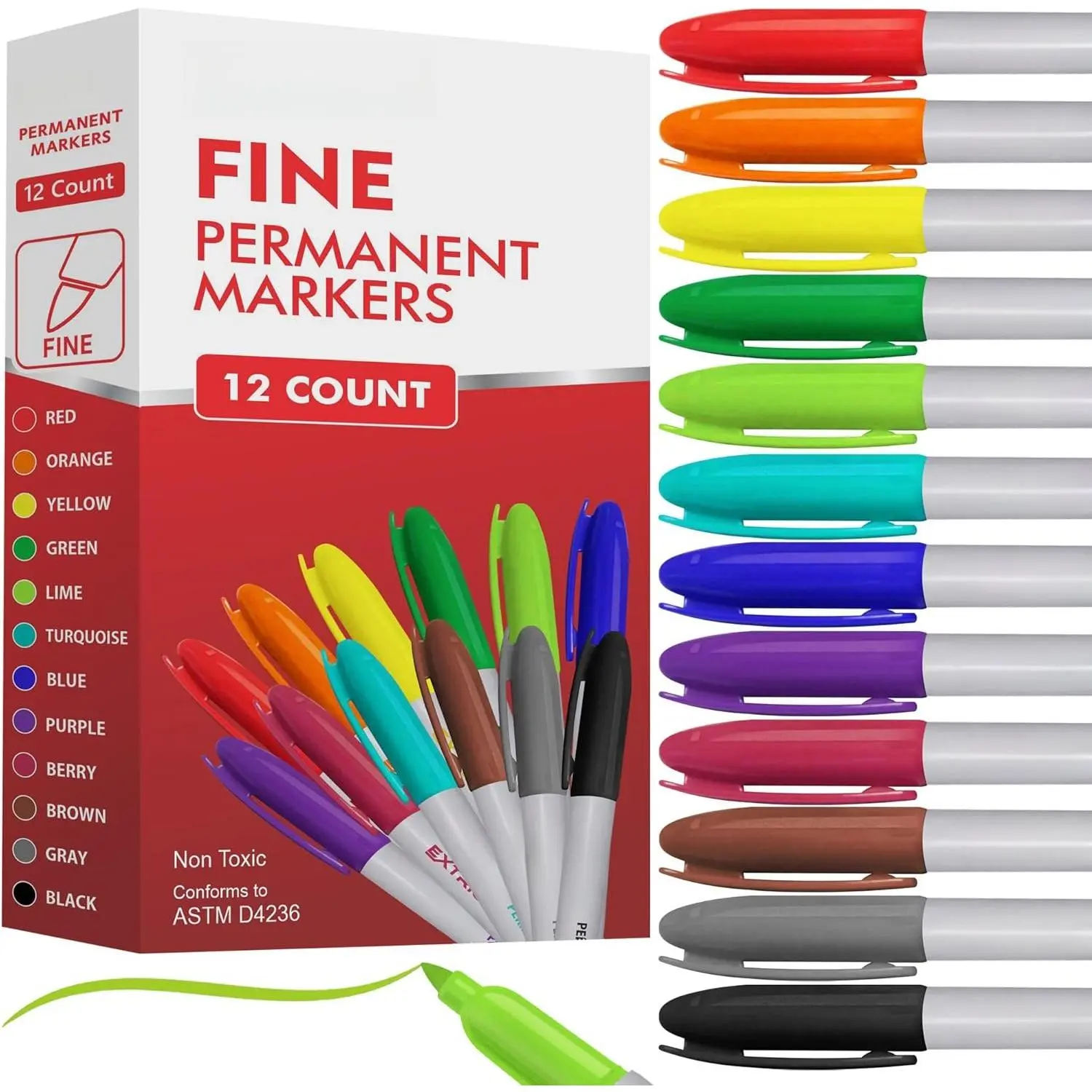Permanent Markers,  Colors, 12 Count Fine Point Markers, Quick Drying, , Works  Paper, Plastic, , Metal and Glass, for , Office and School