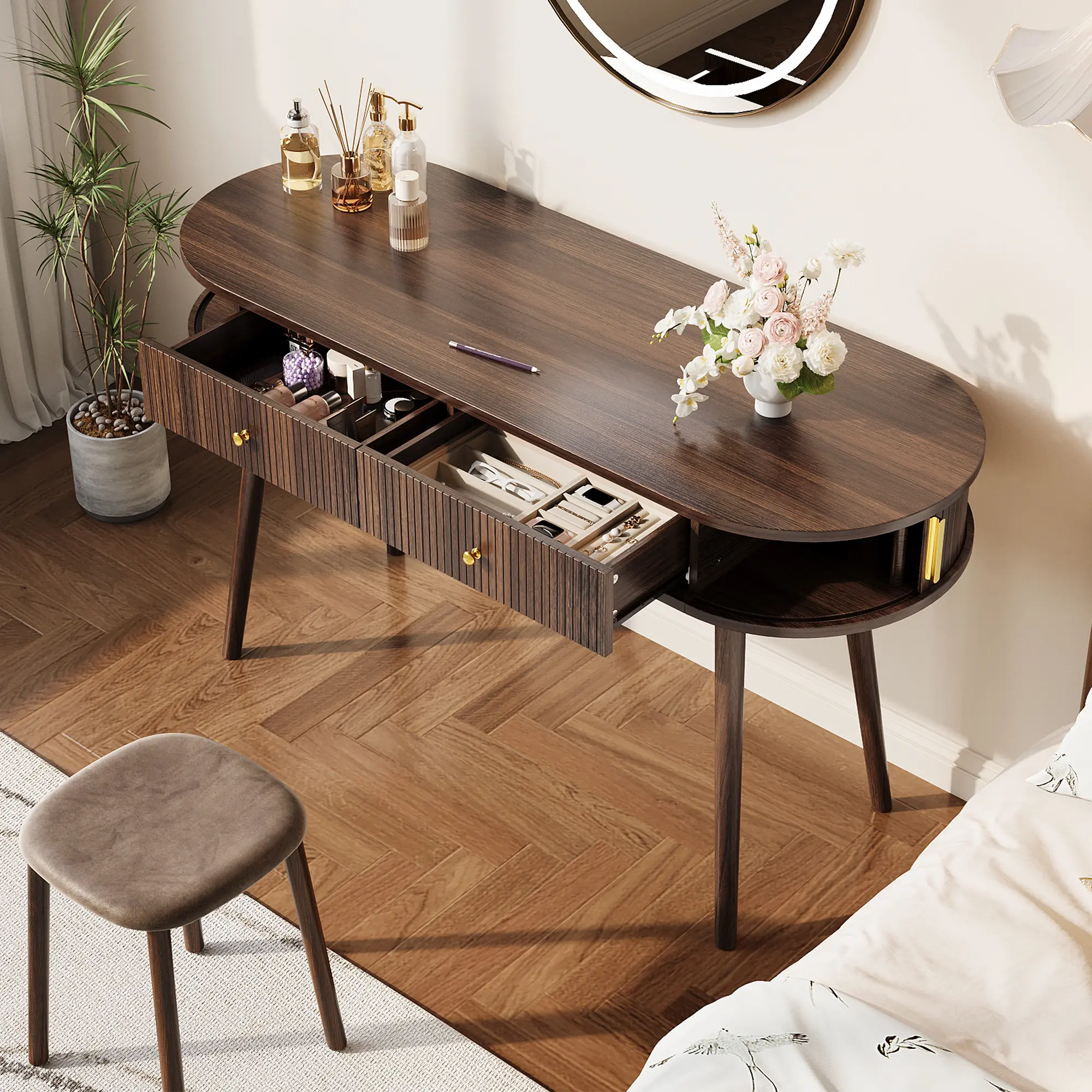 Modern 55" Home Office Desk with 2 Drawers, Small Computer & Laptop Writing Desk for Work & Study, Storage Design - Walnut Finish(ONLY DESK)