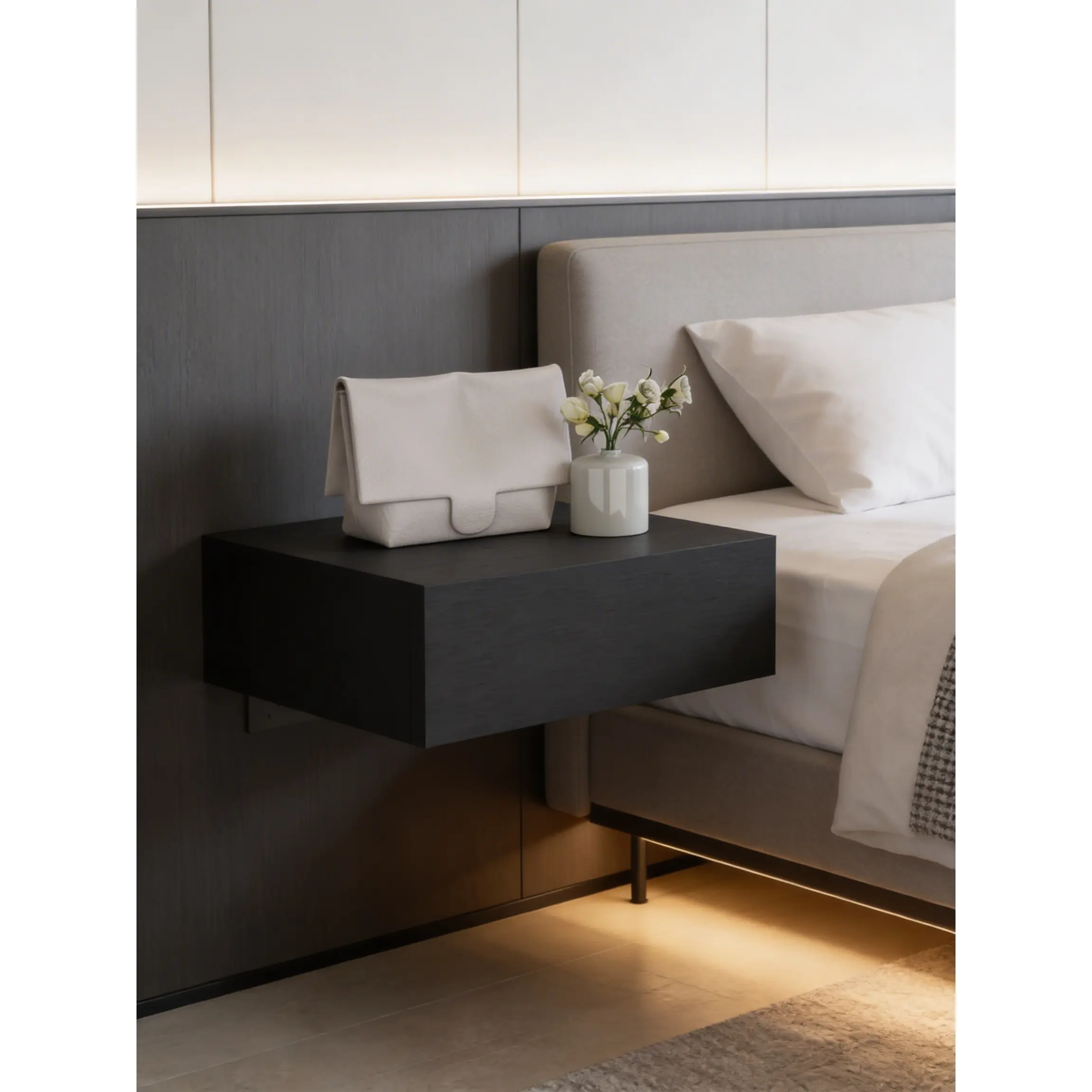 Rectangular Contemporary Floating Nightstand, Wall-Mounted Easy-Mount Particle Board Bedside Table with Drawer, 15.7x13.4" Space-Saving Storage Cabinet, Black Finish Compact Indoor Furniture for Small Bedrooms
