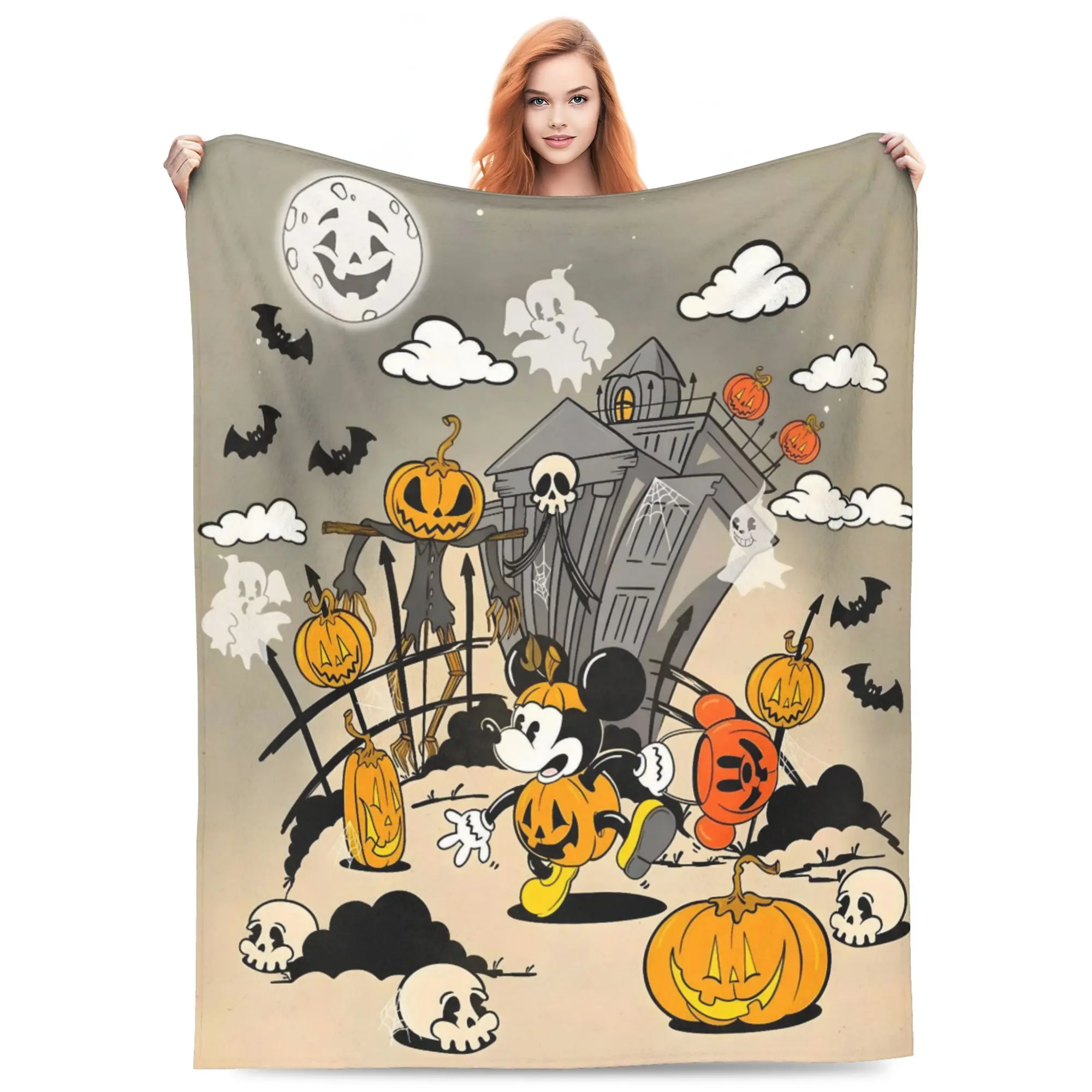 DISNEY CLASSIC Mickey Halloween Throw Blanket, Retro Mickey Pumpkin Costume Haunted House Graveyard Scene with Ghost Bat Skull Print, Soft Flannel Lightweight Cozy Blanket for Sofa Bed Halloween Decor