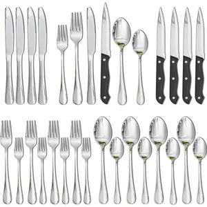 Silverware Set with Steak Knives 24-Piece Flatware Set for 4 Food-Grade Stainless Steel Cutlery Set Mirror Polished Utensils Set Include Spoons and Forks for Home Kitchen Restaurant