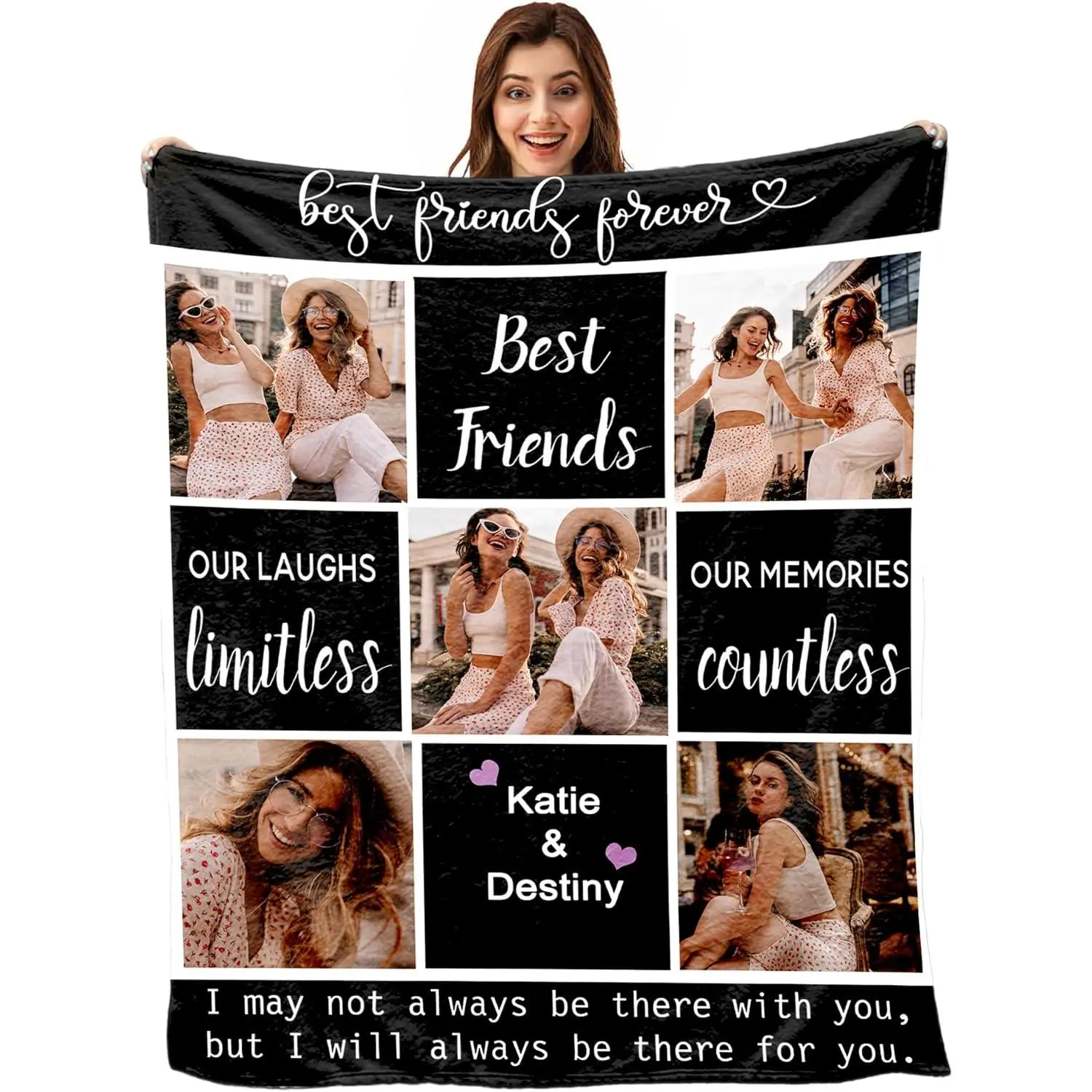    Best Friends Forever Custom Photo Throw Blanket, 5 Picture Black Collage Flannel Blanket, Soft Cozy Warm Throw, Personalized Katie & Destiny Design, Sentimental Birthday Gift for Her Bestie, Cute Couch Bedroom Keepsake Decor ﻿