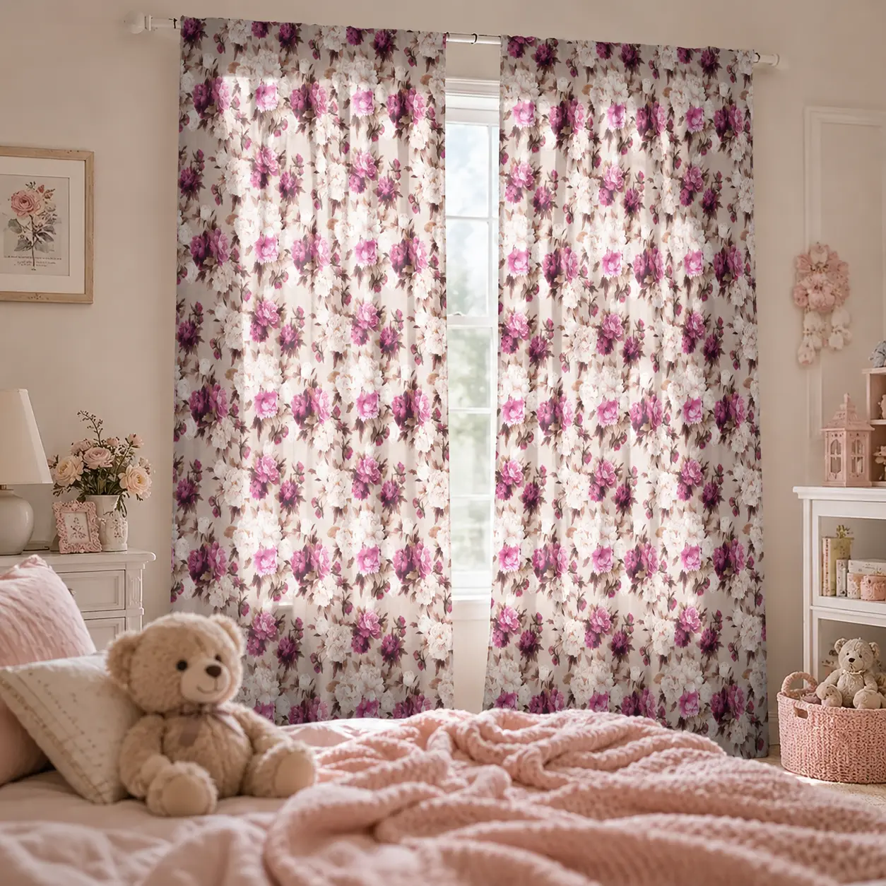 2pcs 213x264cm Traditional Vintage Cottagecore French Country Peony Finished Window Curtain Panels - Wrinkle-Resistant, Breathable, Durable, Romantic Flower Drapes with Fade-Resistant Flat Weave for Bedroom/Living Room
