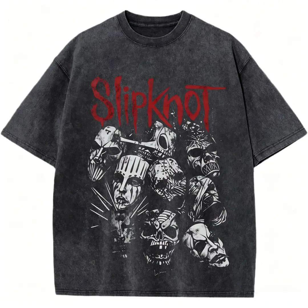 Women's Slipknot Band Mask Print Cotton Oversized Retro Casual Top - Unisex Vintage Washed Short Sleeve Crew Neck Tee, Metal Rock Streetwear, Ideal for Outdoor Activities & Daily Wear, Fabric, Breathable, Soft, Graphic, Tshirt, Bold Print, Aesthetic, Gym‑