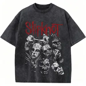 Slipknot Band Mask Print Crew Neck T-Shirt - Unisex Vintage Washed Short Sleeve Tee, Metal Rock Streetwear, Ideal for Outdoor Activities & Daily Wear for Men and Women