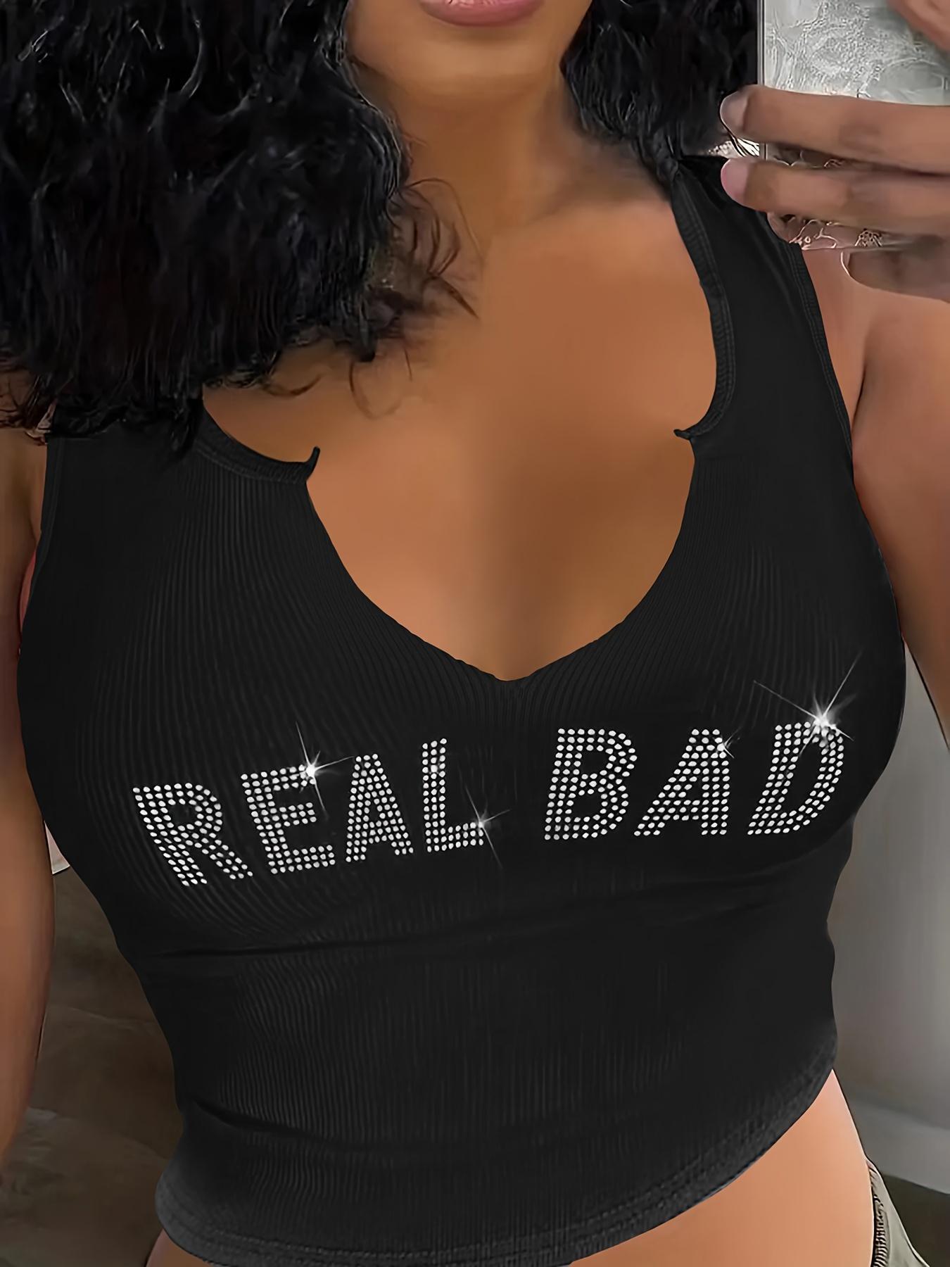 Women's Rhinestone Real Bad Letter Decor Notched Neck Crop Fitted Tank Top, Girly Clothes, Slim, Summer Clothes Women, Casual 2000s Y2k Skinny Streetwear Sleeveless Top, Summer Tops 2025, Downtown Girl Clothes