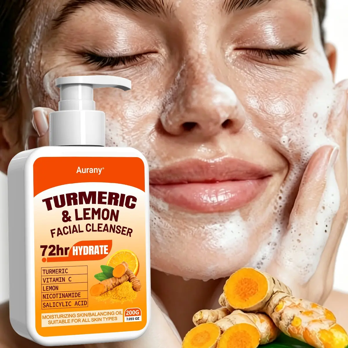 Turmeric Lemon Facial Cleanser, Face Wash, Moisturizing Facial Cleanser, Vitamin C Foaming Facial Cleanser, Gentle Foaming Cleanser For All Skin, Removes Impurities, Brightens Dull Skin, Suitable For Sensitive Skin-200G