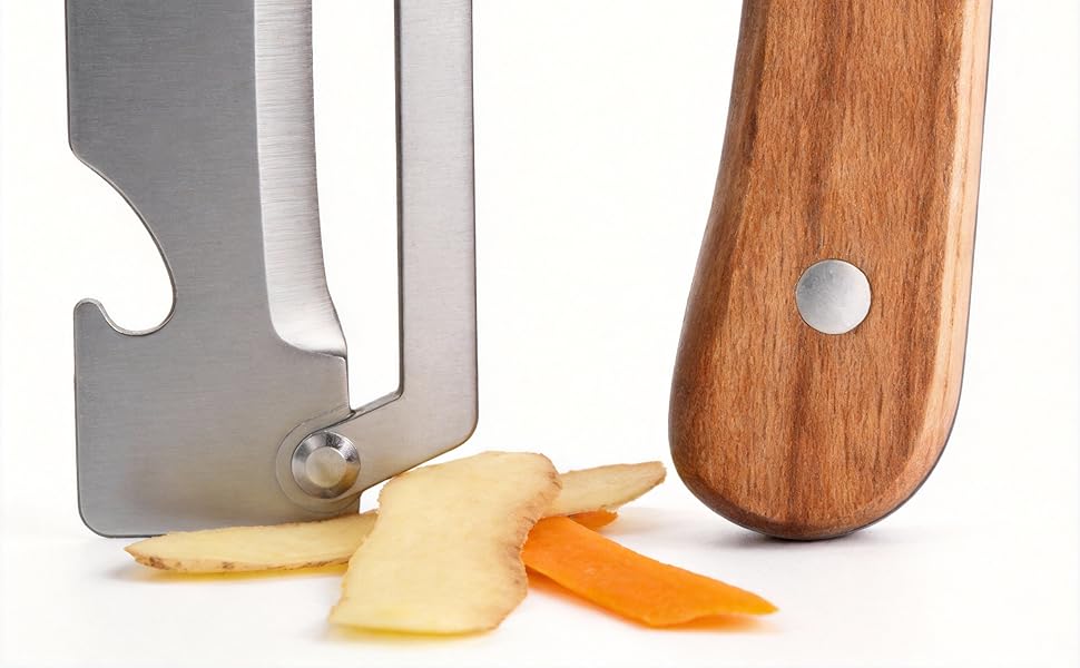 2 Pack 2 in 1 Multi Functional Vegetable Peeler with Bottle Opener and Wooden Handle Stainless Steel Blade Kitchen Tool for Sugar Cane Potato Fruit Pineapple Pumpkin Papaya Carrot Veggie Peeler