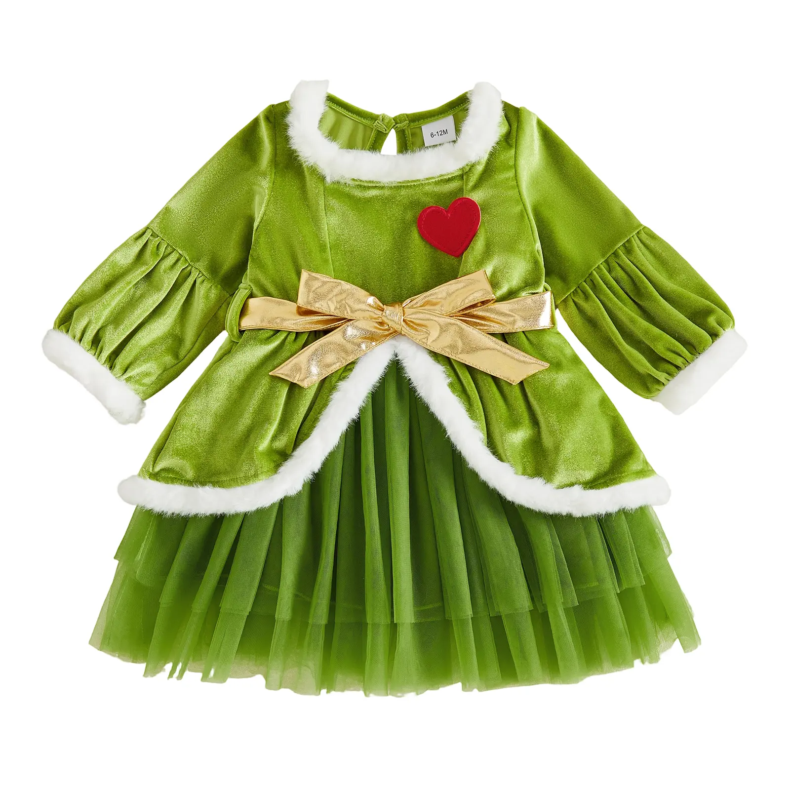 Canrulo Toddler Baby Girls Grinch Green Velvet Fuzzy Trim Puff Sleeve Red Heart Gold Bow Tulle Tutu Christmas Dress 6M‑4T
