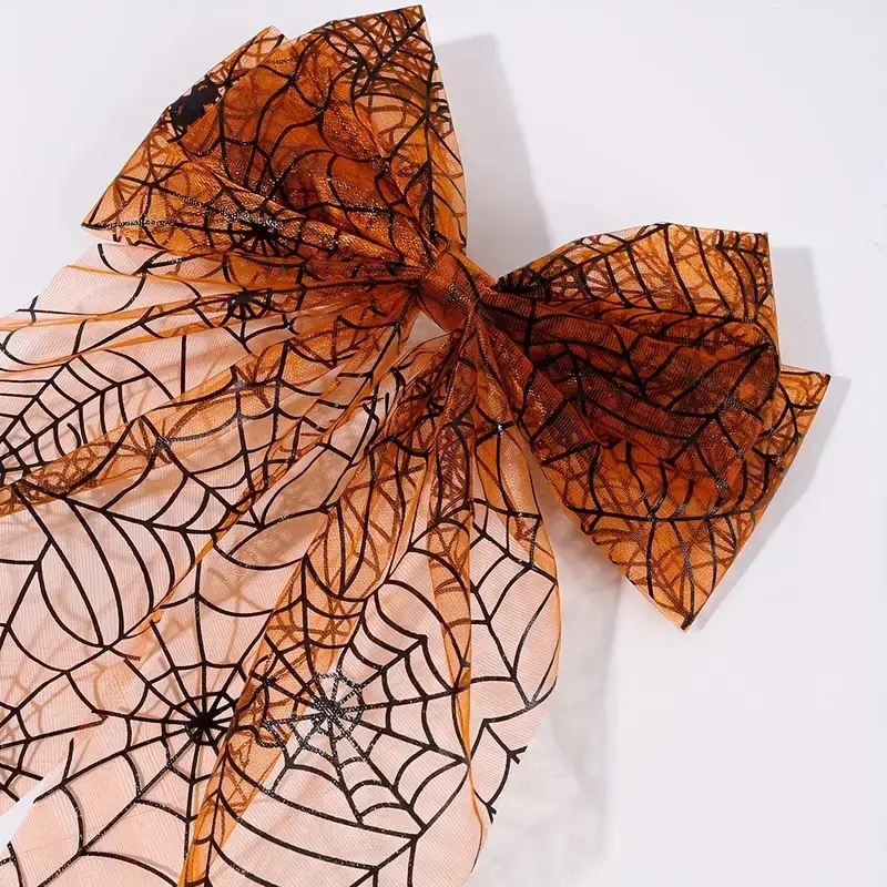Vintage Fabric Bow Hair Clip with Spider Web & Skull Print, Elegant Halloween Women's Accessory, Single Party Costume Color Matched Clamp