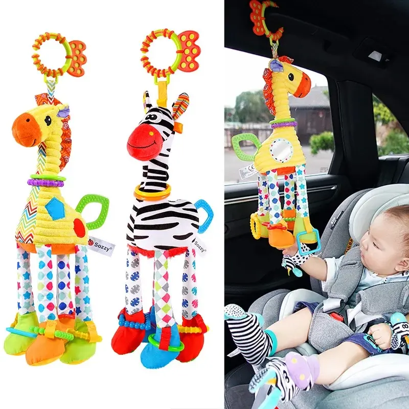 Soft Animal Rattle Toy for Babies, Plush Giraffe Zebra Hand Bell with Teether, Infant Sensory Activity Toy, Newborn Gift for Baby Development
