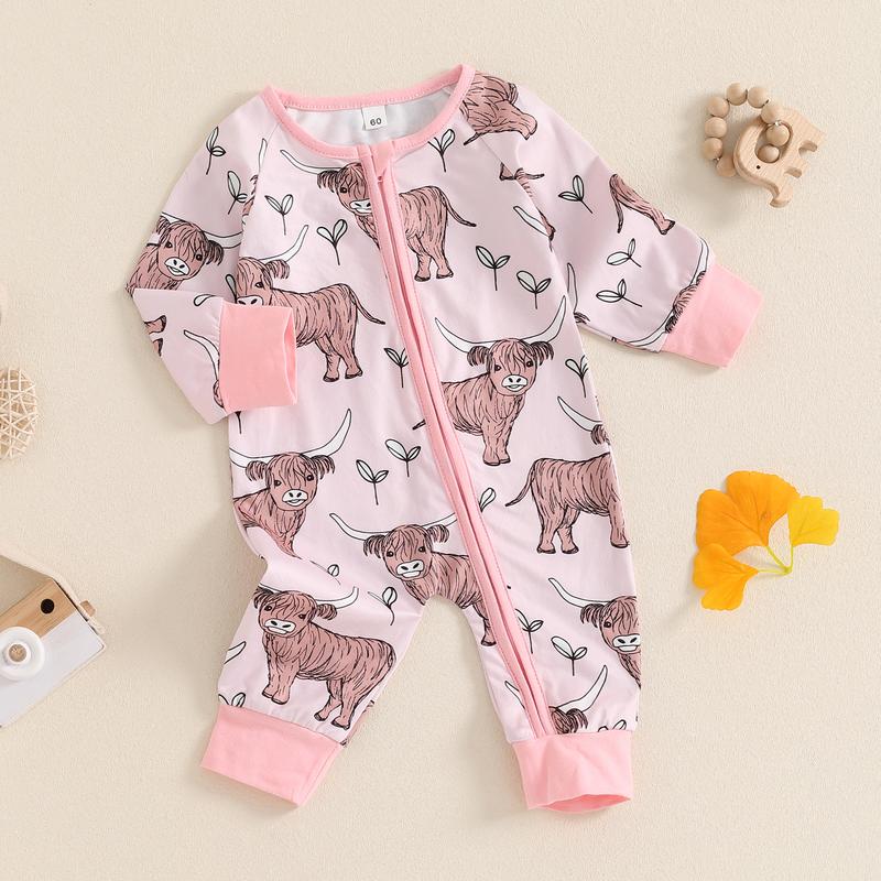 Country Baby Clothes Boy Girl Western Highland Cow Print Long Sleeve Romper Zipper  Jumpsuit Spring Fall Outfit 0-12M