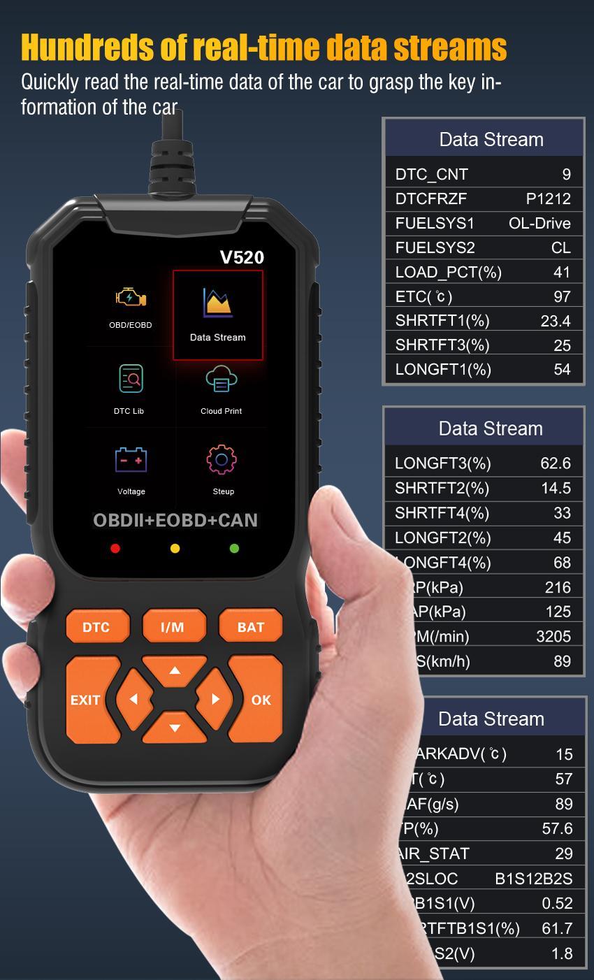 Multilingual automotive OBD2 scanner code reader, professional V520 diagnostic tool, real-time data OBD2 fault detector