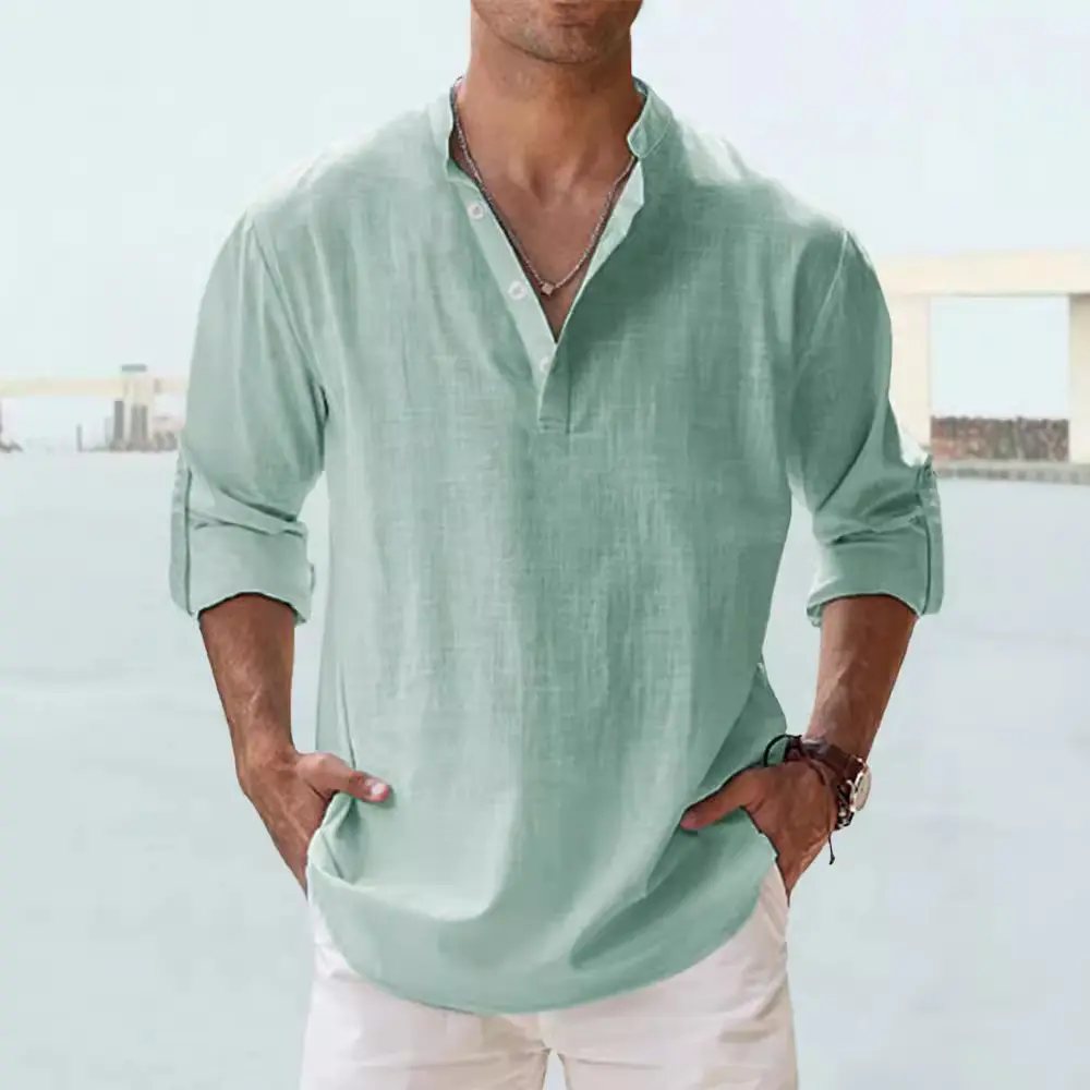 Men's Pure Cotton Mock Neck Long-Sleeved T-Shirt - Menswear Casual Top, Loose-Fit Undershirt, Solid Color