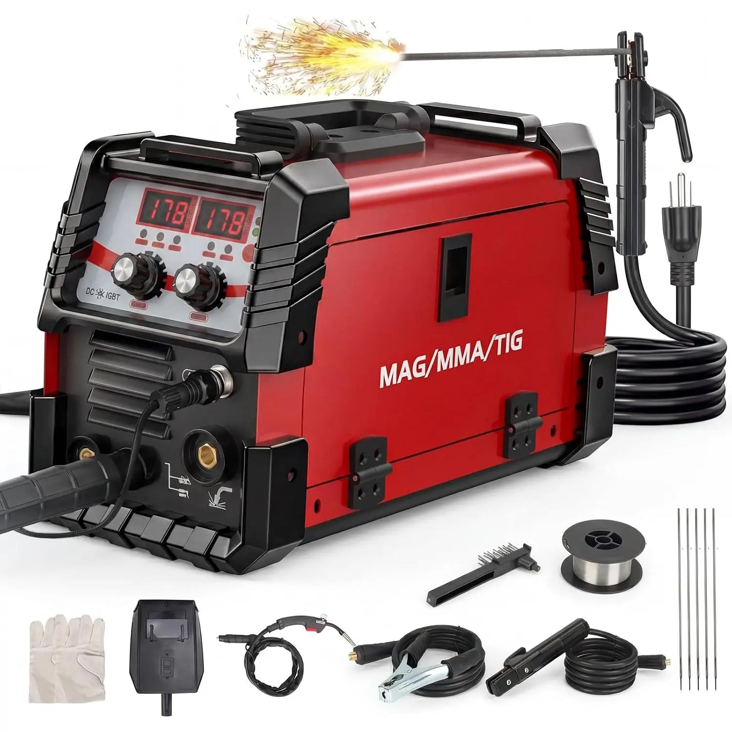 135A MIG Welder, 3-in-1 Weldeing Machine 110V Flux Core MIG/Lift Tig/Stick with  Digital Display, Portable IGBT Inverter Welder for Auto Repair, Metal Projects