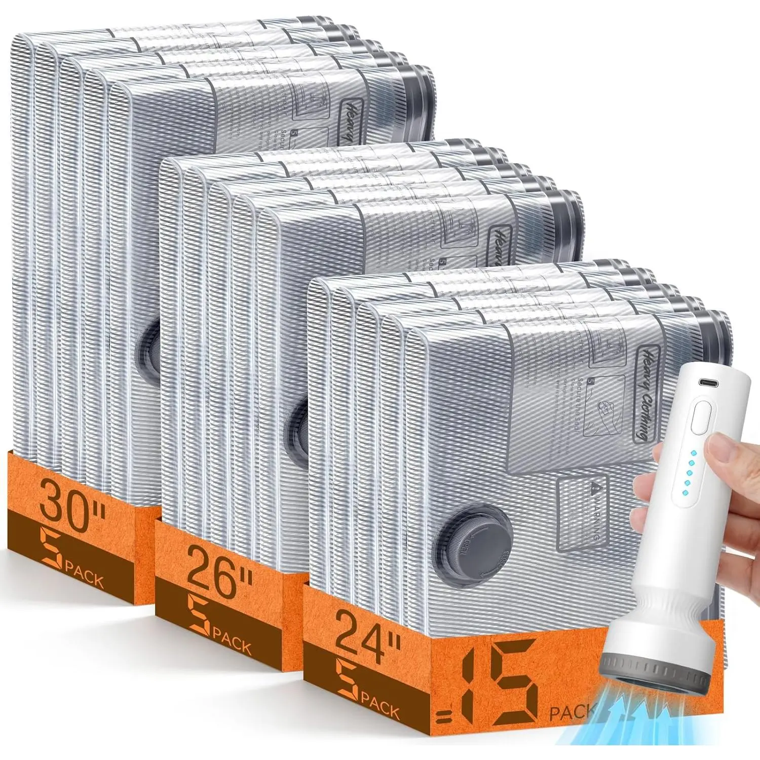 15 Pack Vacuum Storage Bags for Travel with Rechargeable Cordless Pump, Space Saver Bags for Clothes, Compression Packing Bags for Luggage and Suitcase, 15 Combo Size