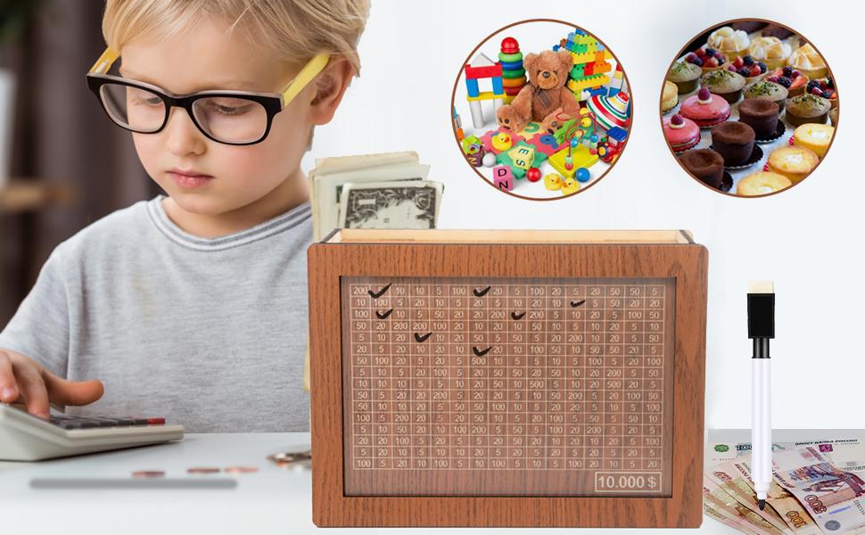 1000/10000 Dollars Savings Challenge Box, Cash Vault Wooden Savings Box for Kids & Adults, Savings Challenge Box Money Saving Box for Cash Coin, Birthday Piggy Bank Gifts Decor Decorative piggy bank Ornaments Decoration
