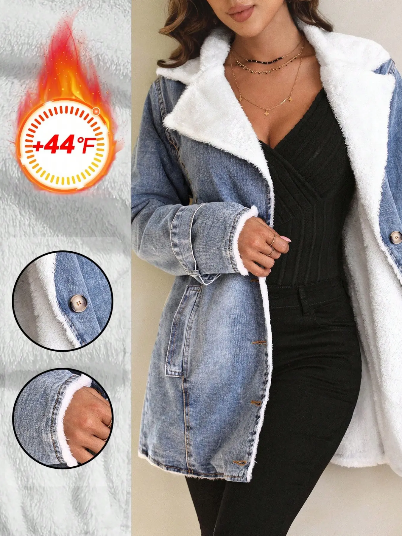 Women's Color Block Collar Denim Jacket Plush Warm Denim Button Pocket Thickened Denim, Essential for Autumn Winter, Warm and Cozy Outerwear, Perfect for Cold Weather, Stylish and Comfortable