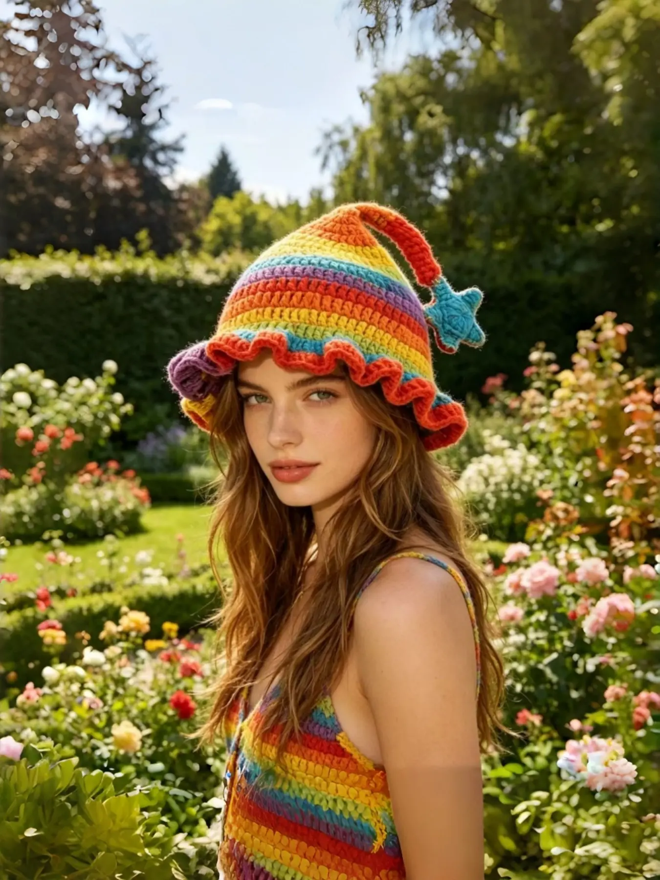 2026 Fall Winter New Women's Rainbow Striped Knitted Witch Hat, Ruffled Edge Beanie with Star Charm, Festival Party Hat, Fashion Beanie Hat
