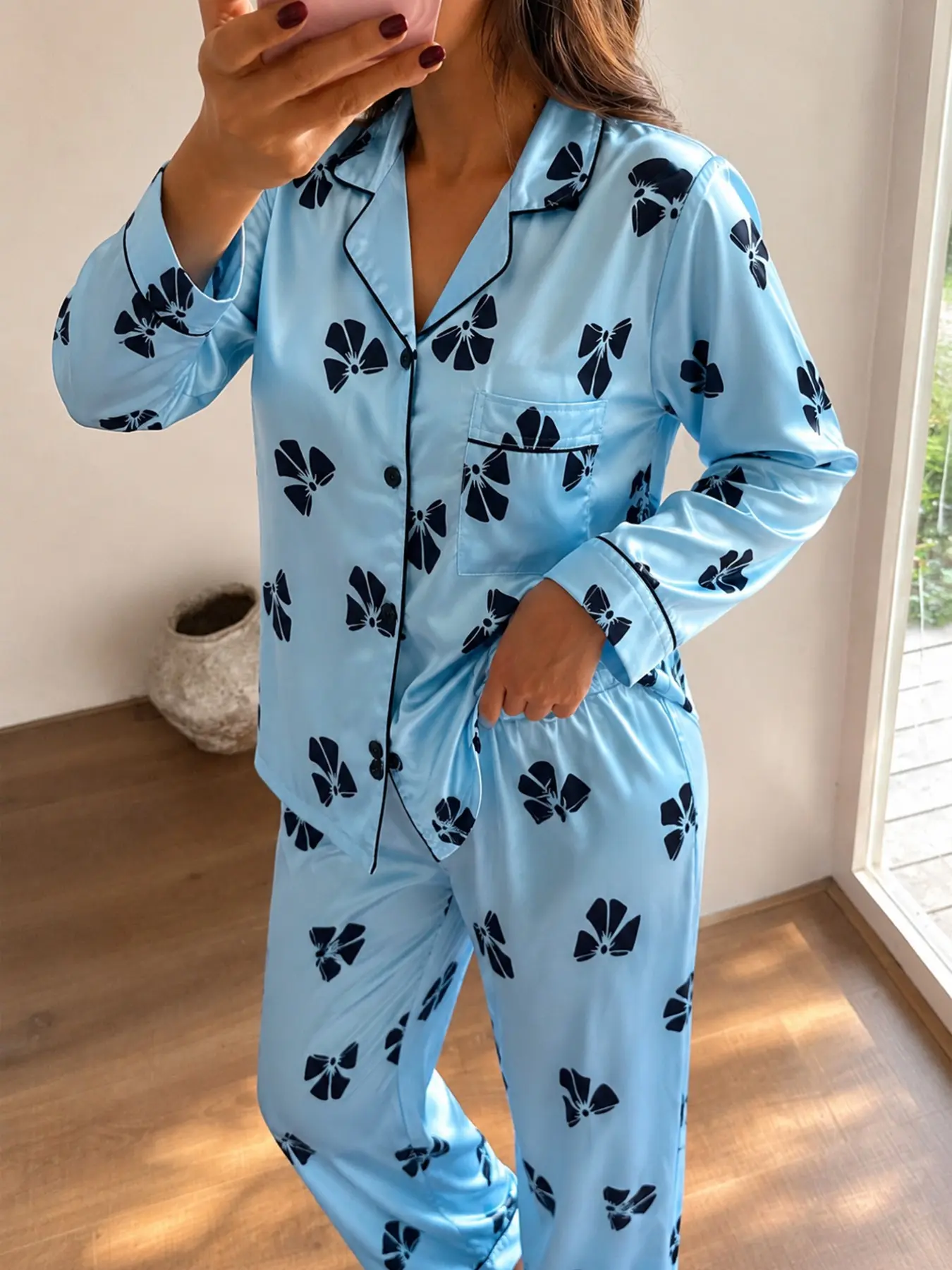 Women's 2-Piece Pajama Set, Light Blue Butterfly Print Long Sleeve Top + Loose Wide Leg Pants, Comfortable Sleepwear for Home & Vacation
