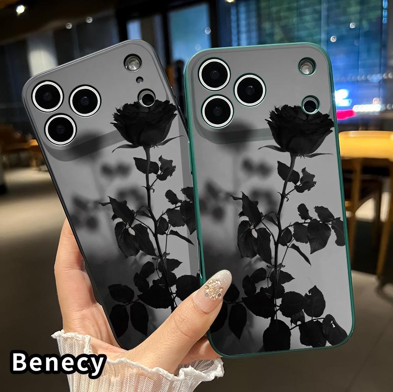 Straight Edge Phone Case for iPhone 17 15 16 14 Pro Max 13 12 11 XR XS Plus Air E Black Rose Pattern Anti-Scratch Shockproof Soft Liquid Silicone Protective Cover Smartphone Casing