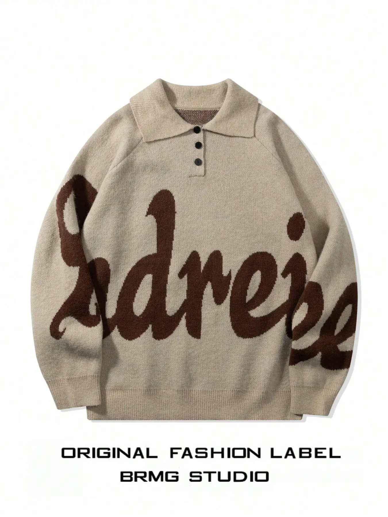 Spring Fall College Style Casual Polo Neck Sweater, Long Sleeve Button Front Knit Top, Letter Pattern, Ideal for Daily Wear