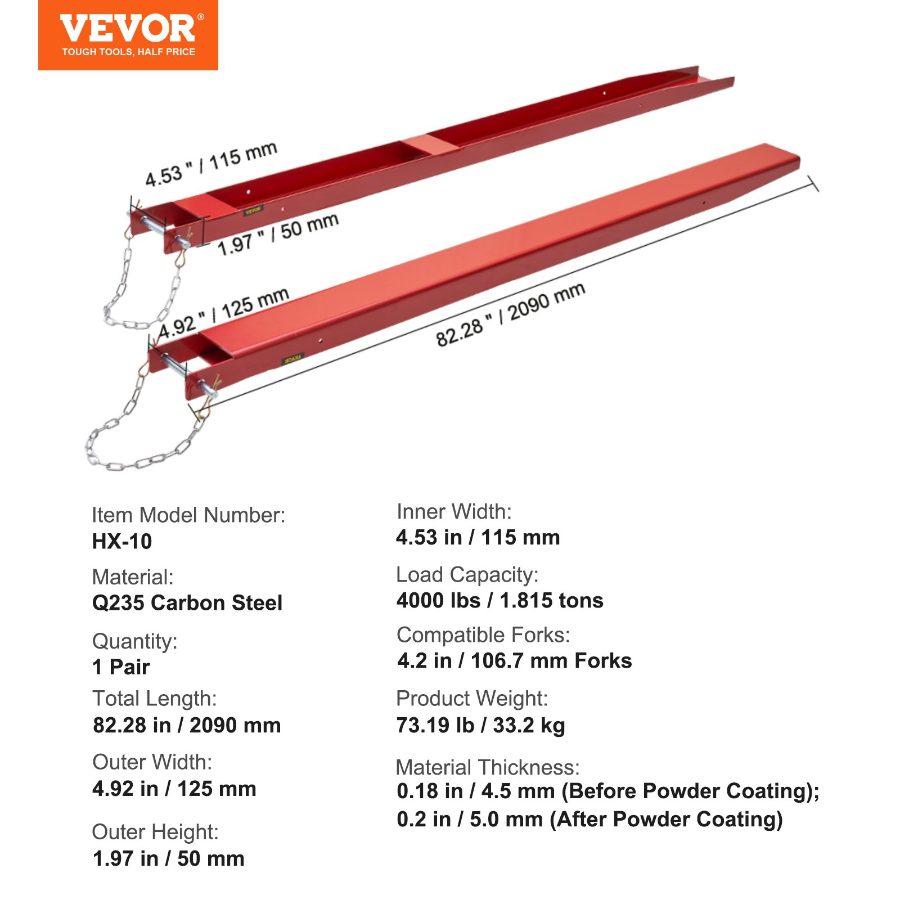 VEVOR Pallet Fork Extensions, 82 Length 4.5 Width, Heavy Duty Carbon Steel Fork Extensions for Forklifts, 1 Pair Forklift Extensions with Pins, Forklift Fork Attachments for Forklift Truck, Red