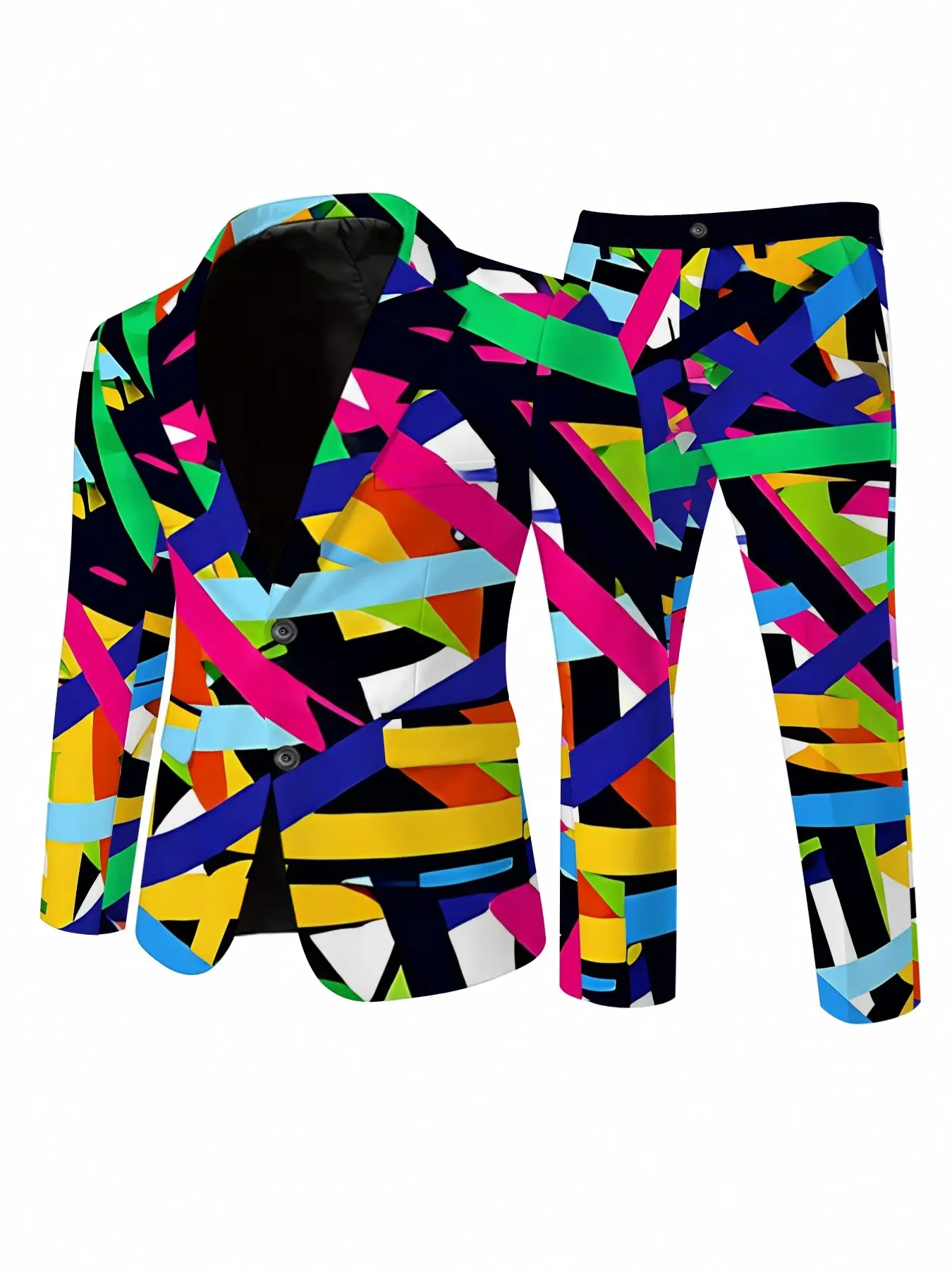 Men's explosive colorful graffiti suit set! Full-print colorful geometric lines, eye-catching visual effect, slim fit cut, perfect for stage, parties, and gatherings, a striking and stylish two-piece set for men, All over print