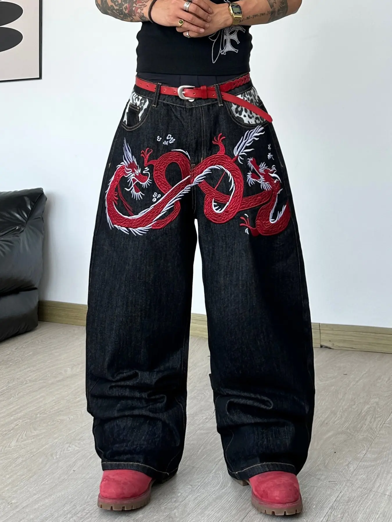 Men's Denim Jeans, New Chinese Style Leopard Print Dragon Embroidery Wide Leg Jeans, Y2K Streetwear Fashion Loose Long Pants, Denim Embroidered Jeans