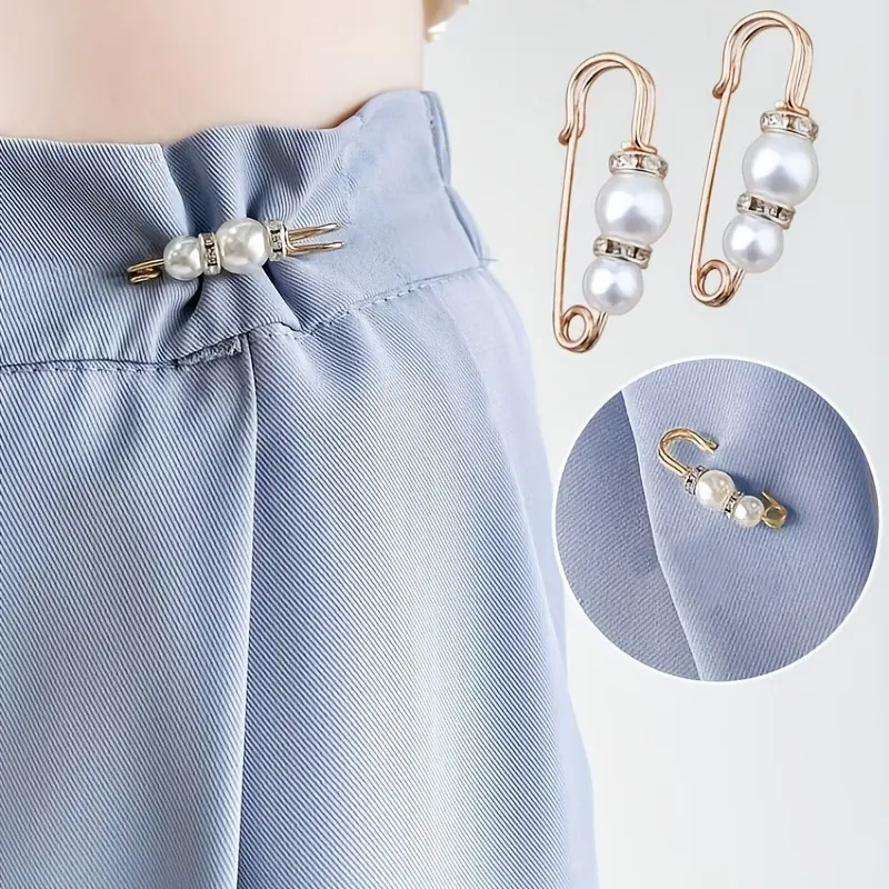 2-piece set of pearl waist-cinching pins, a magic tool for reducing waist size, securing clothes, suspenders, pants, skirts, and preventing exposure, women's brooch pins