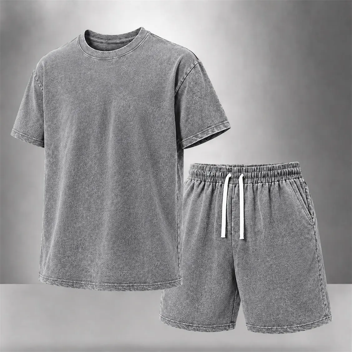 （Check The Size Chart.）Men's Polyester Snowflake Dyed & Washed Loose-Fit Medium Top & Elastic-Waist Shorts Set, Summer Casual Street Style Outfit, 2-Piece/4-Piece Options for Hiking, Camping, Machine Washable Menswear Sports Set
