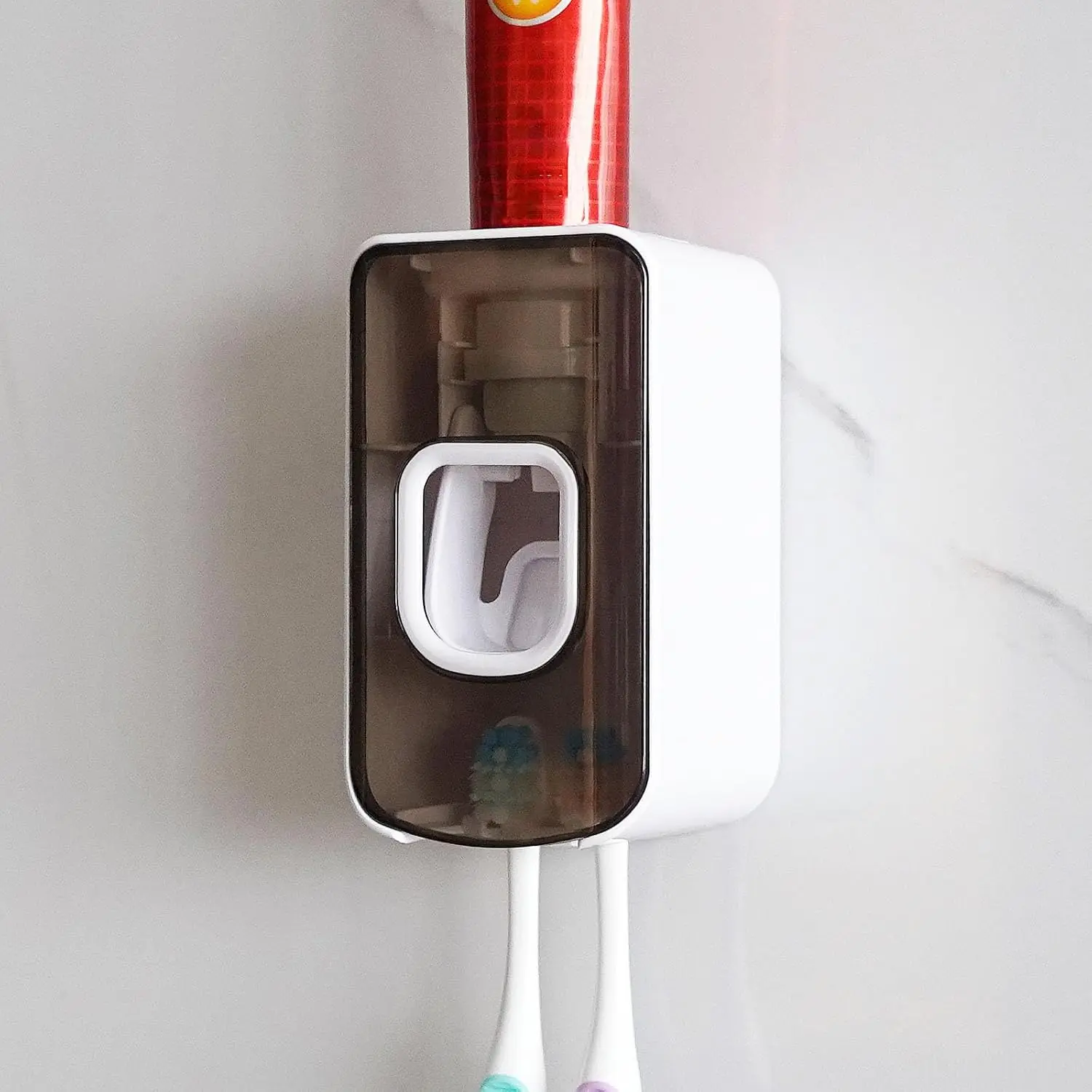 2 Slot Toothbrush Holder and Toothpaste Dispenser Wall Mounted, Automatic Toothpaste Squeezer, 2 in 1 Tooth Brush Toothpaste Organizer for Shower (Clear)