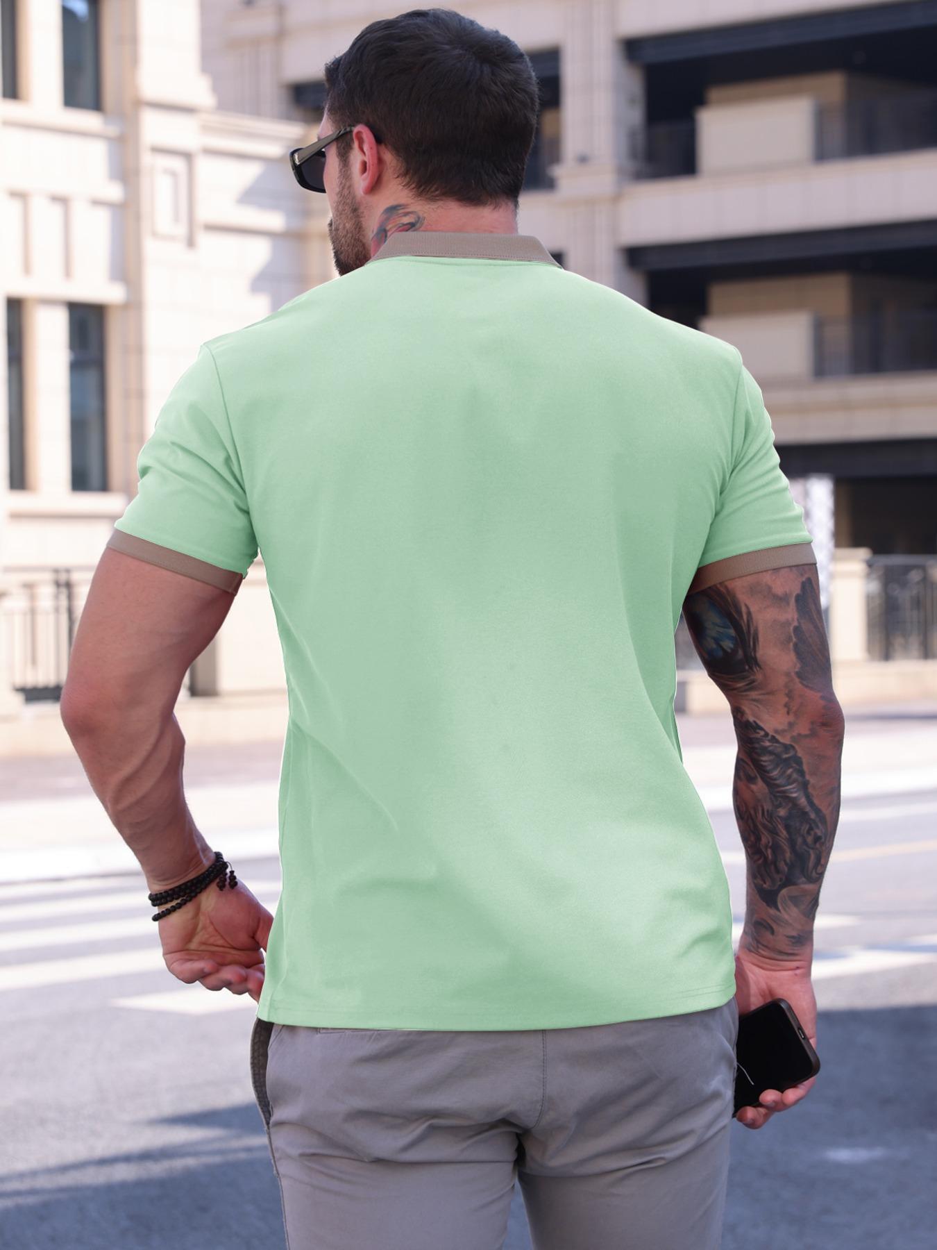 Men's Colorblock Polo Shirt, Regular Fit Casual Short Sleeve Half Zip Top for Summer, Fashion Men's Clothes for Daily Wear, Gamis, Menswear