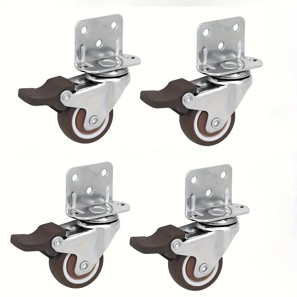 4 Piece L-Shape Swivel Casters, 1.25 Inch Silent Rubber Wheels with Brakes, Ideal for Furniture, Beds, Suitcases, Cabinets, Tables