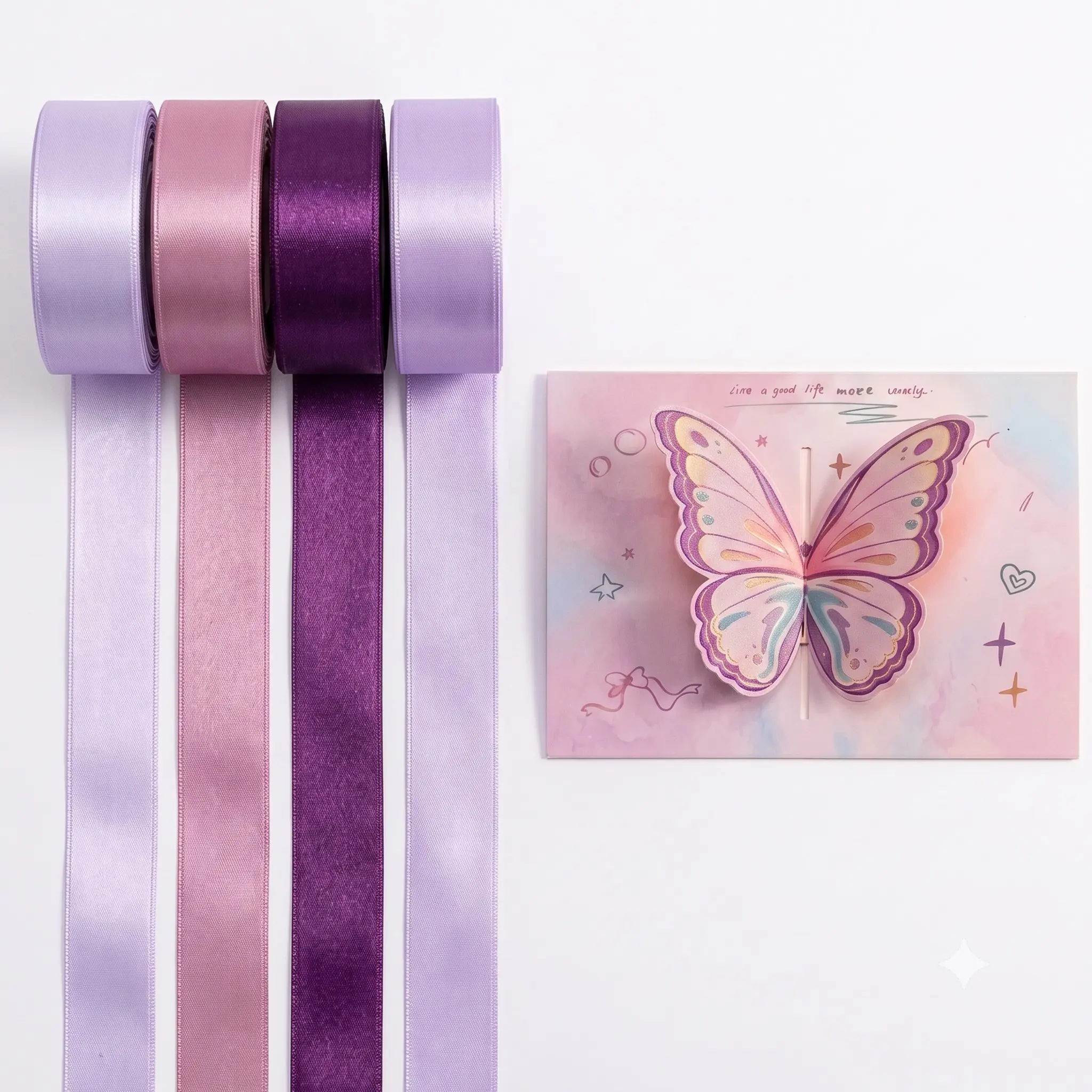 4 Rolls 25mm Wide Ribbon, 22.86m Long Satin Tape with Butterfly Card, Ideal for Gift Wrapping, Wedding Decor, Bouquet Packaging, Cake Decoration
