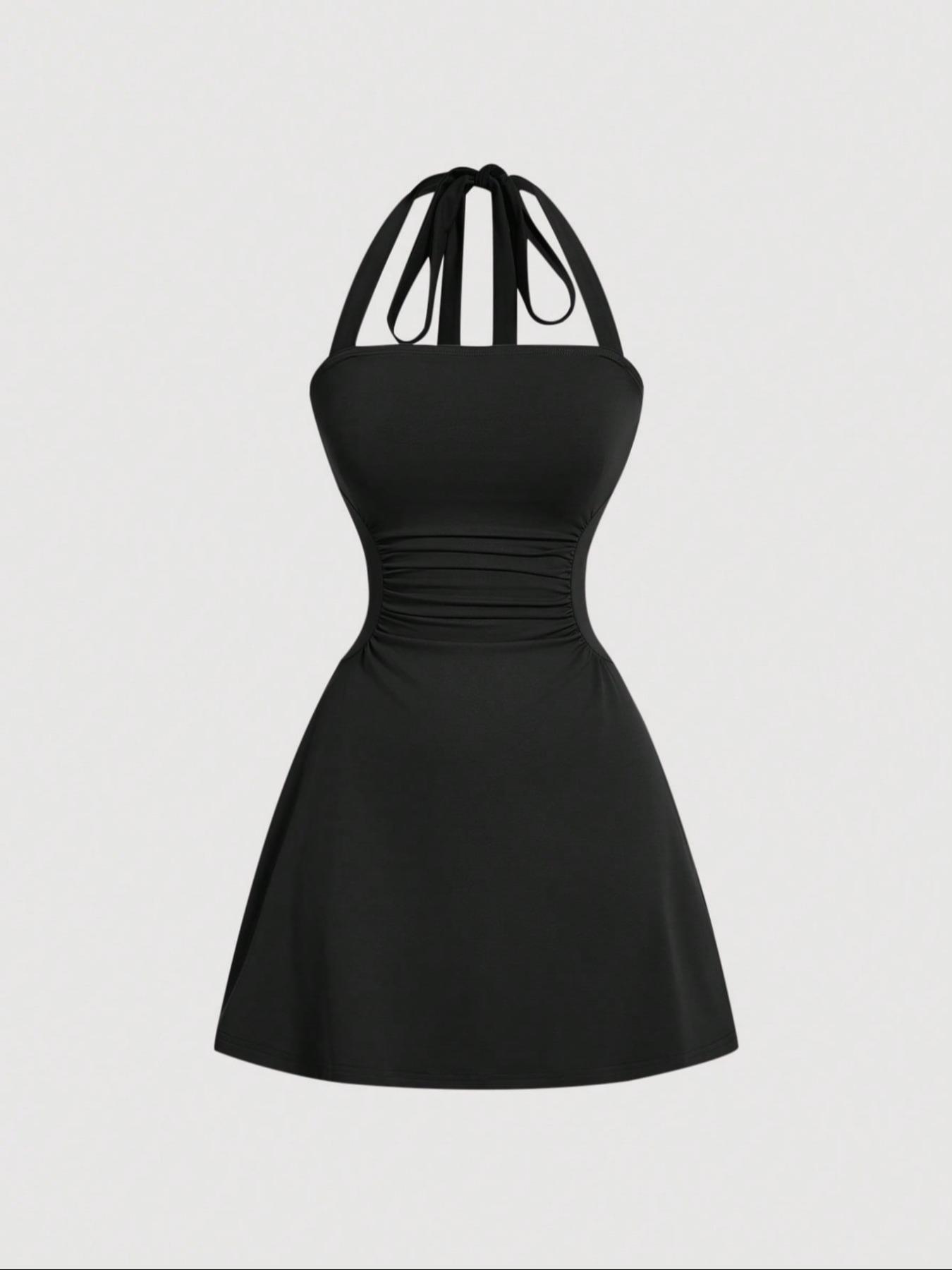 Women's Solid Fit Ruched Tie Back Backless Halter Neck Dress, Casual Fashion Fitted Womenswear Sleeveless A Line Short Dress for Summer, Women's Dress for Beach Holiday